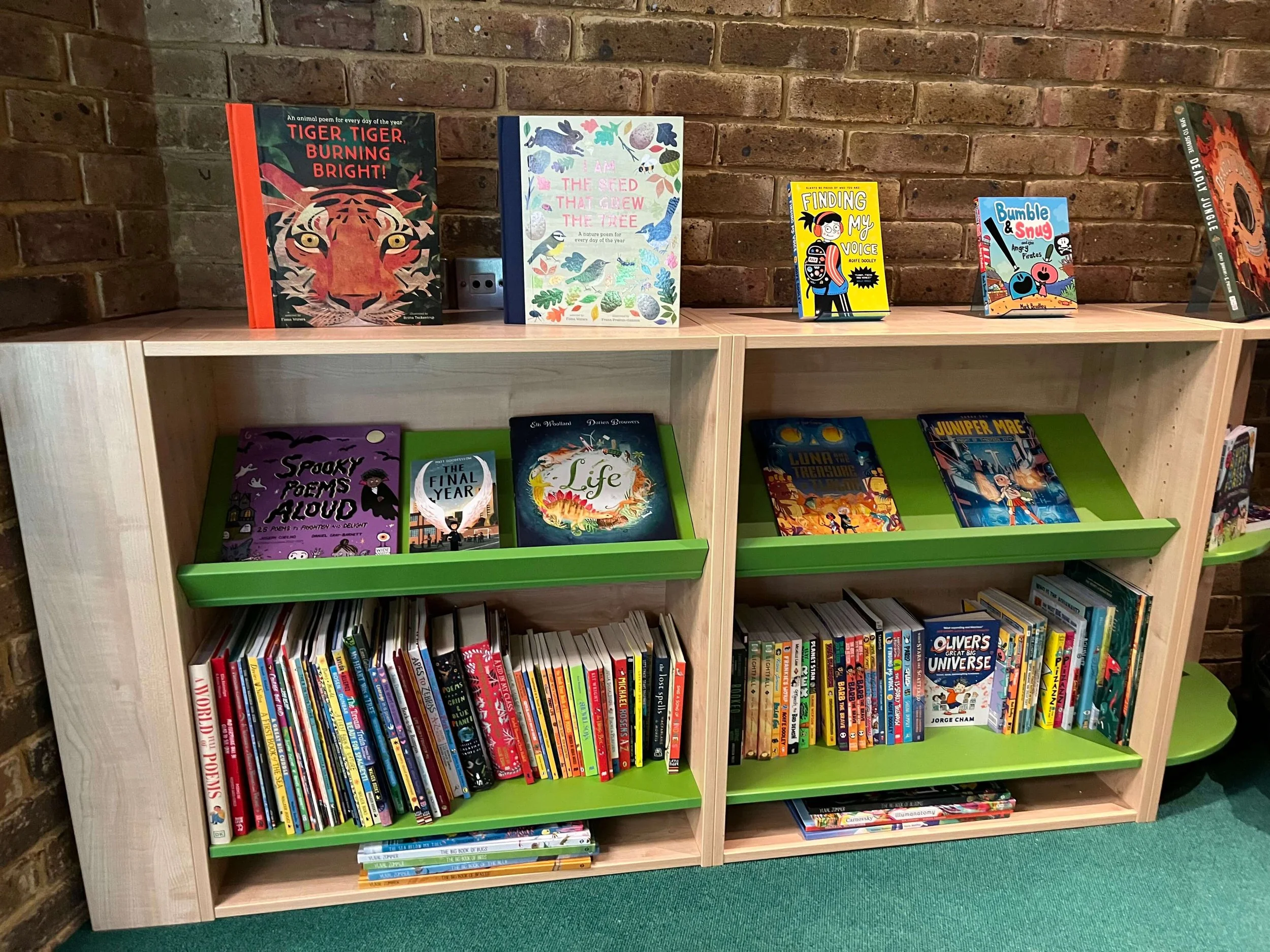 Poetry books and graphic novels in a primary school library stocked at competitive prices by Chestnut Books. 