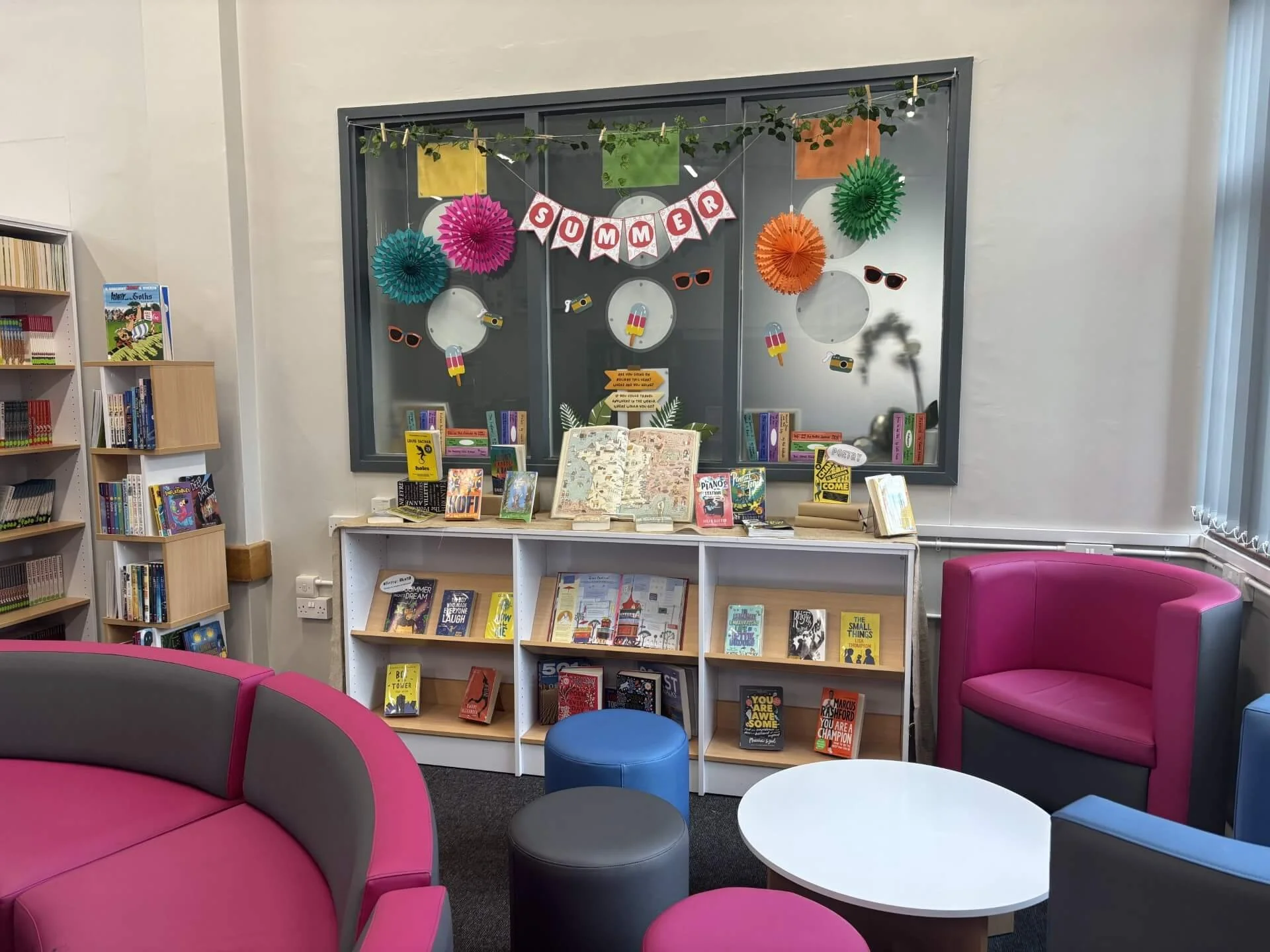 Brand new books for schools on display in Secondary School library to encourage a love for reading. 