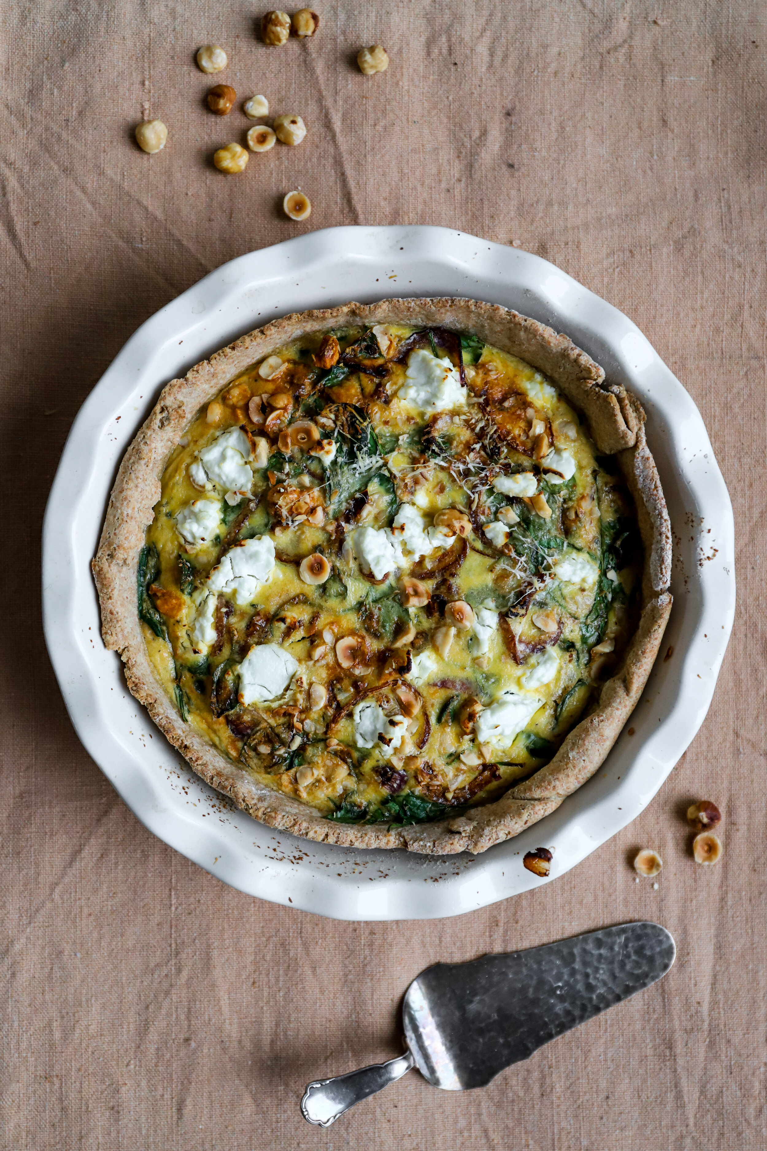 Spinach &amp; Roasted Hazelnut Quiche with Caramelised Onions 