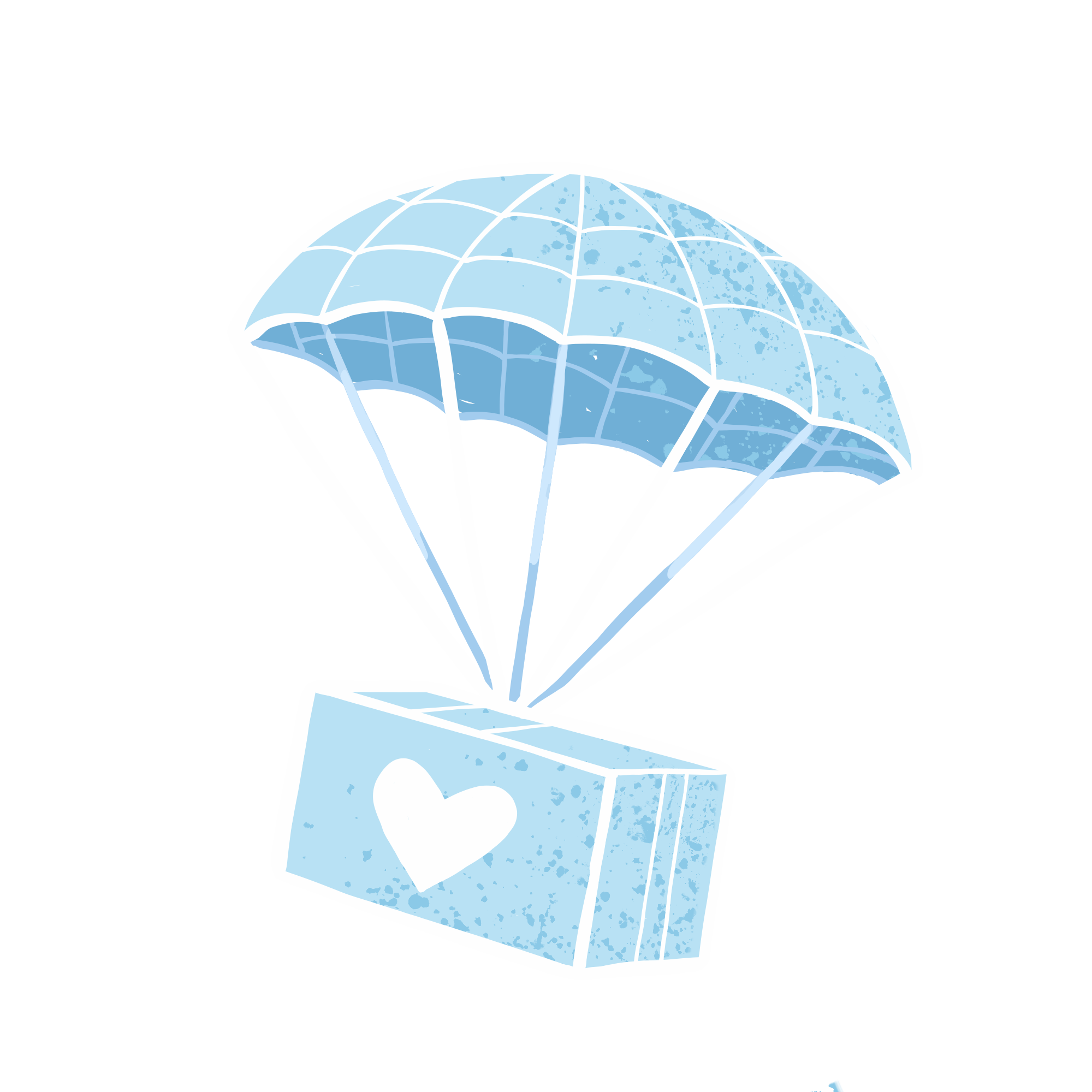 A digital illustration of a parachute, with a blue and white color scheme, featuring water splatter details, against a black background.