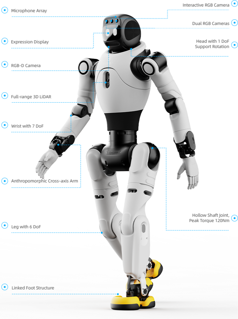 A humanoid robot with a black and white body, standing on a gray surface, with a futuristic, high-tech background featuring blue and gray elements.