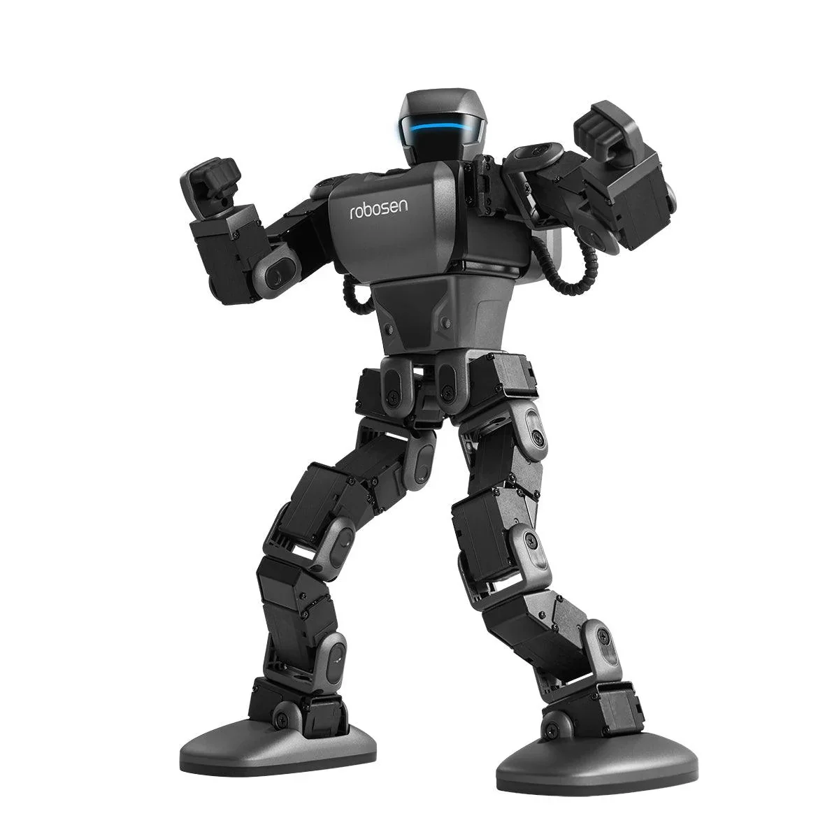 A humanoid robot with a black and gray body, standing with arms raised, and is branded with 'robozen' on its chest, against a plain white background.