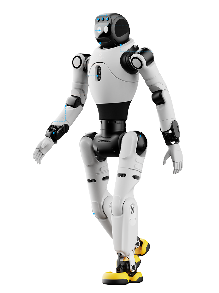 A humanoid robot with a white and black body, yellow shoes, and a black head, standing with its right leg slightly bent and arms relaxed at sides.