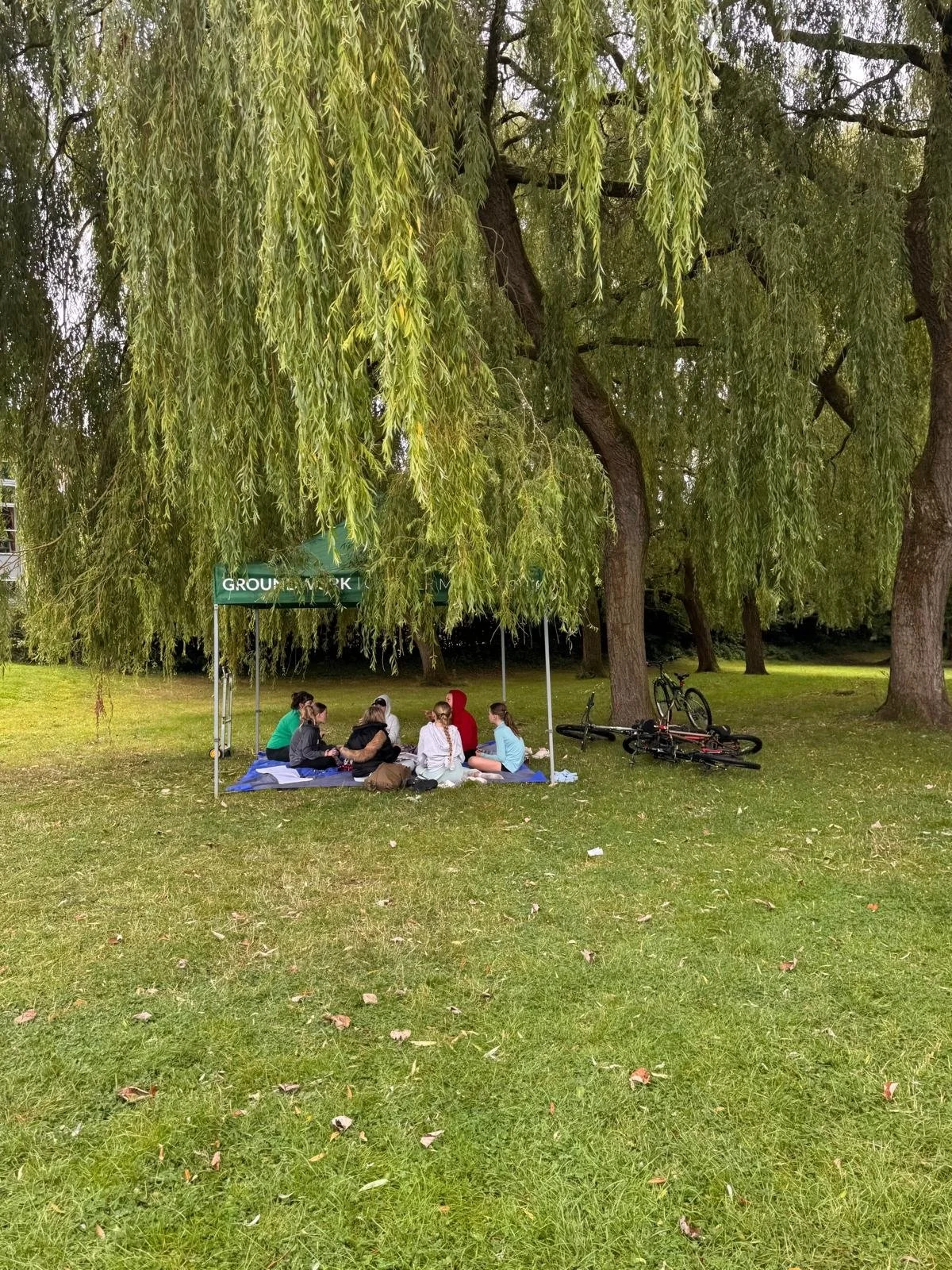 Young people sitting together under a 'Groundwork' branded canopy, in a greenspace.