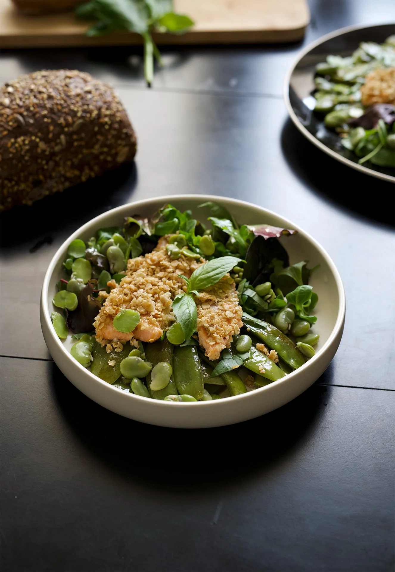 Green salade au saumon pané