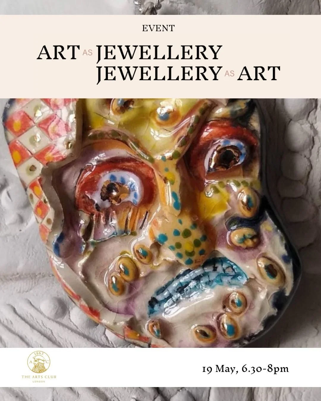 So looking forward to discussing the blurry boundaries between art and jewellery at the @the_arts_club on May 19th with the wonderful @louisaguinness of @louisaguinnessgallery, jewellery designer @elietopofficial, and ceramic artist and jeweller @emi