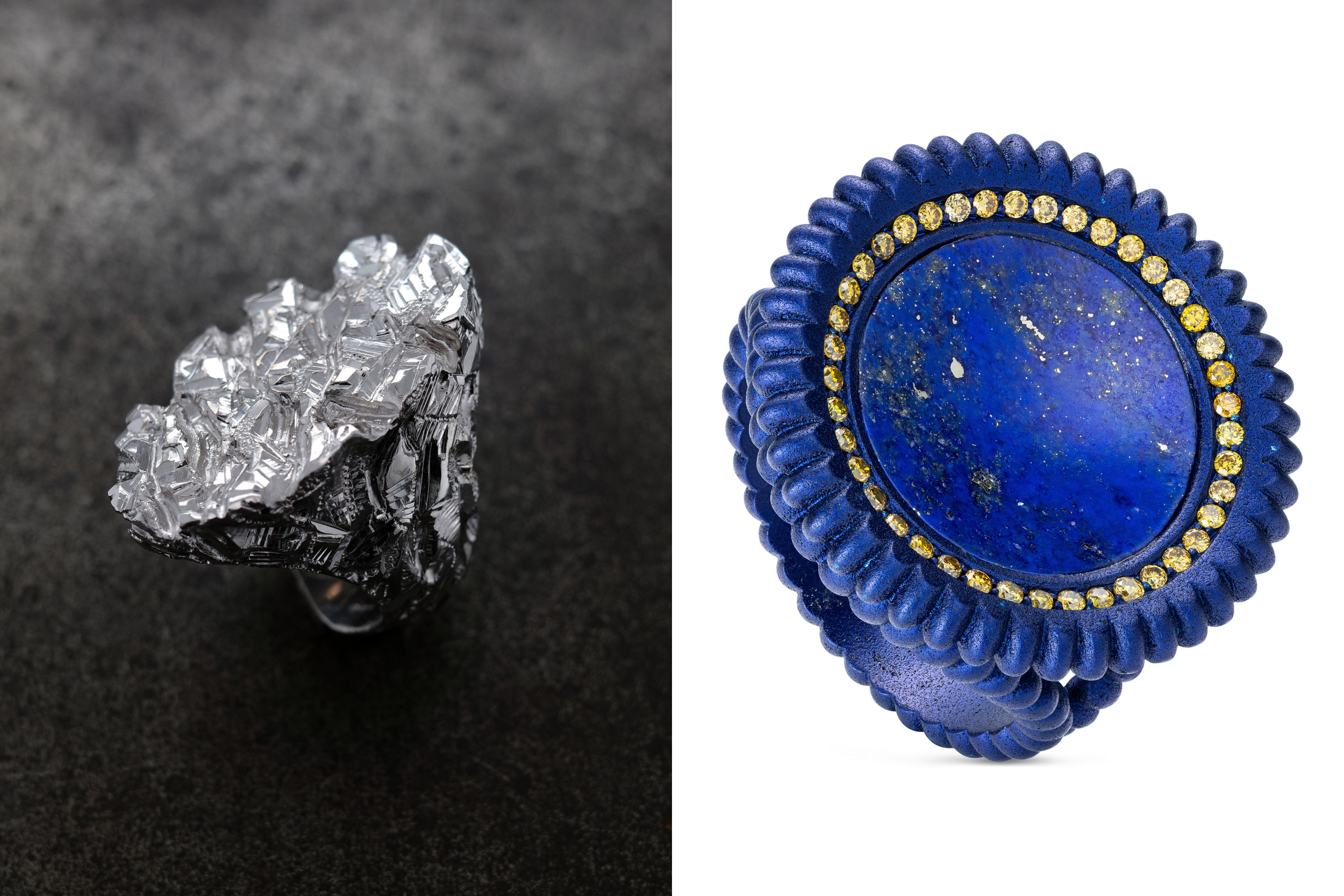 XL Chisel ring by Castro Smith; Lola Fenhirst’s Indigo PIT ring with bright-blue aluminium colour matched to the central lapis lazuli.