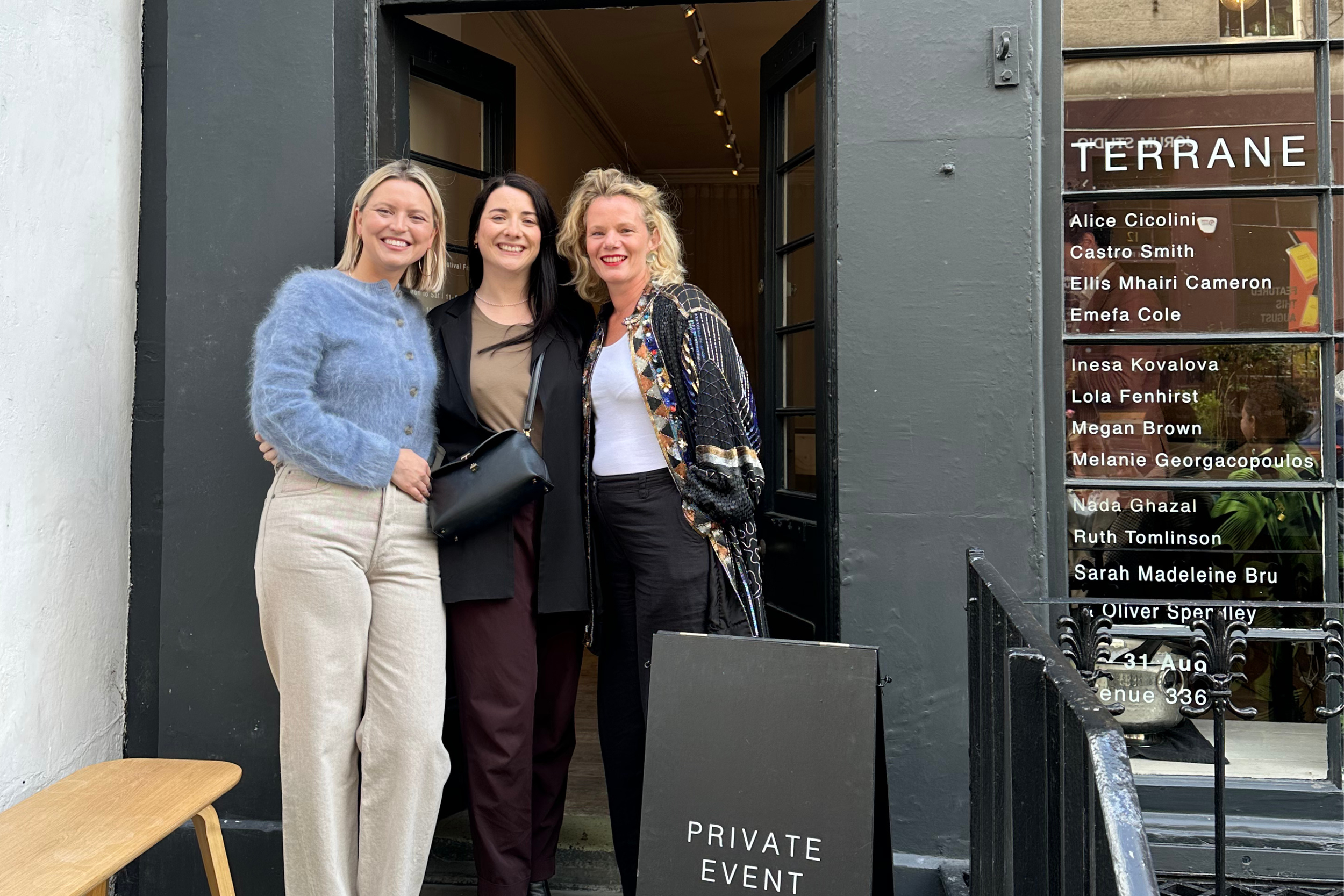 Aetla owner Keira Wraae-Stewart, Amy Wilson who runs PR for Aetla and Terrane, and Kate Matthams, writer and curator of the Terrane exhibition.