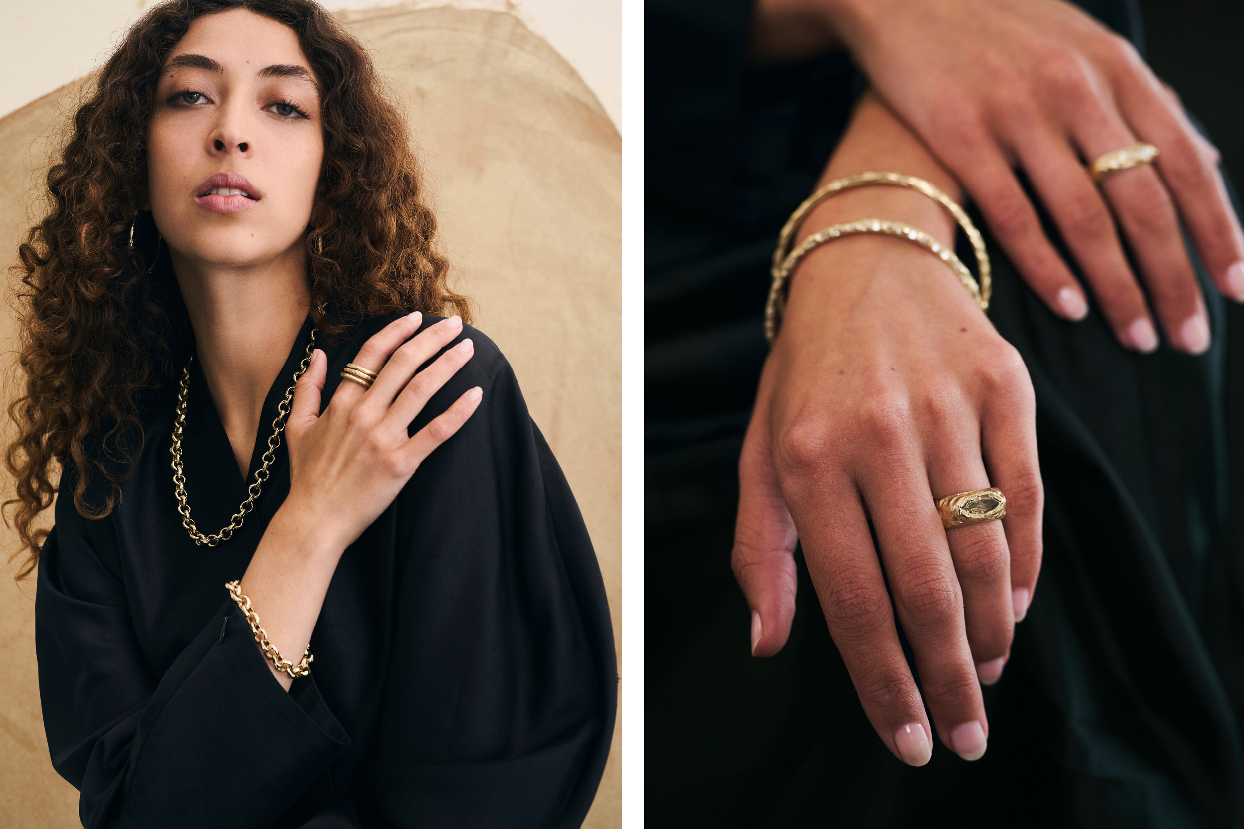 A model wears jewels from Ellis Mhairi Cameron’s Seun collection, including stacking rings; a Seun diamond ring with an east-west setting, worn with bangles.