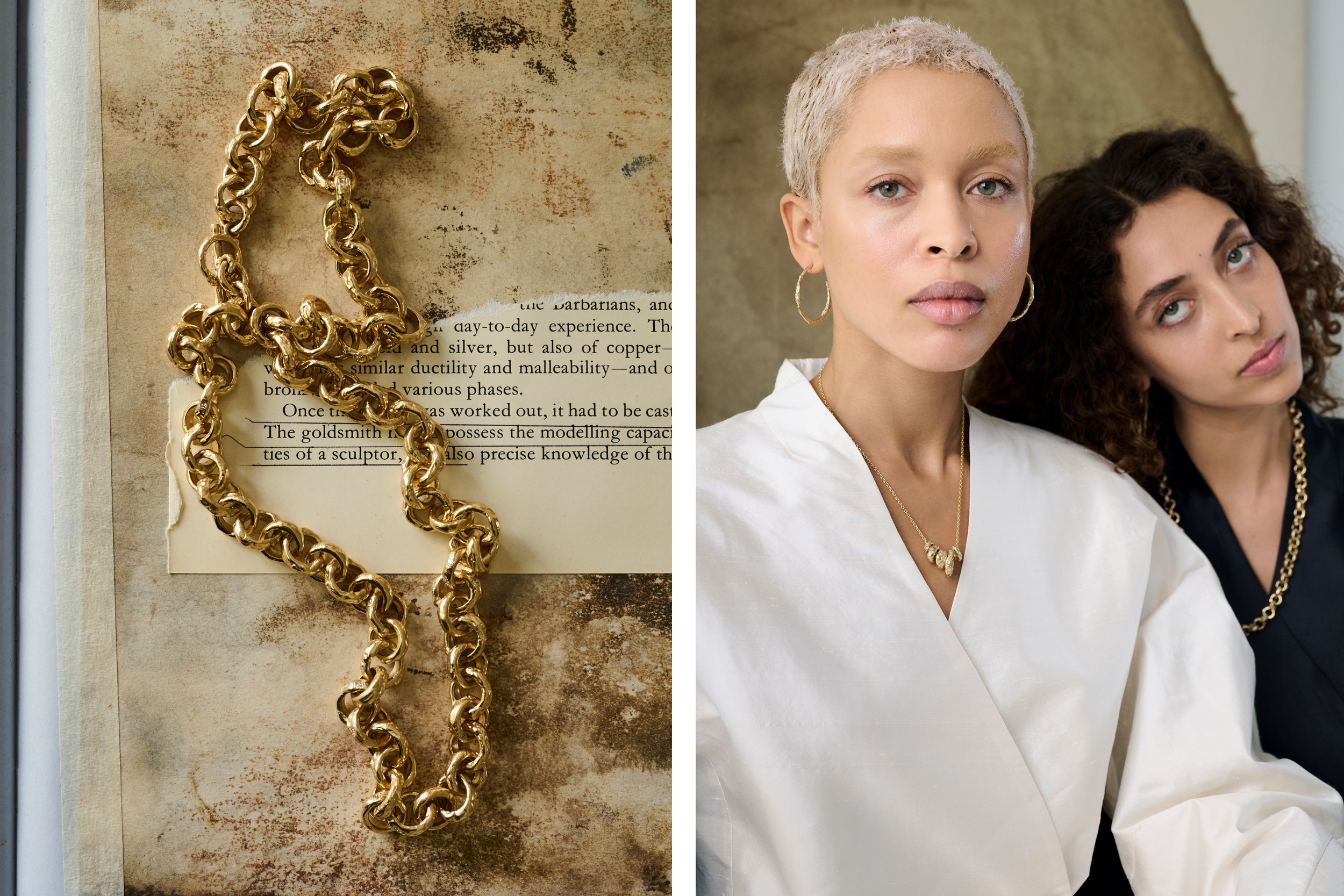 An 18-carat gold Ellis Mhairi Cameron chain necklace; models wear a selection of jewels from Seun.