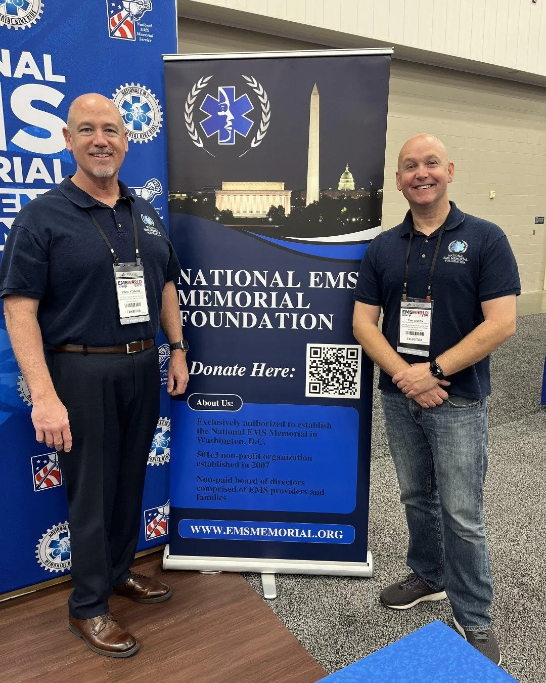 National EMS Memorial Foundation board members James Robinson and Tony O&lsquo;Brien are at EMS World in Indianapolis this week. Stop by booth # 345 to meet them, along with our friends from the @nemsmbr and the EMS Memorial Service.