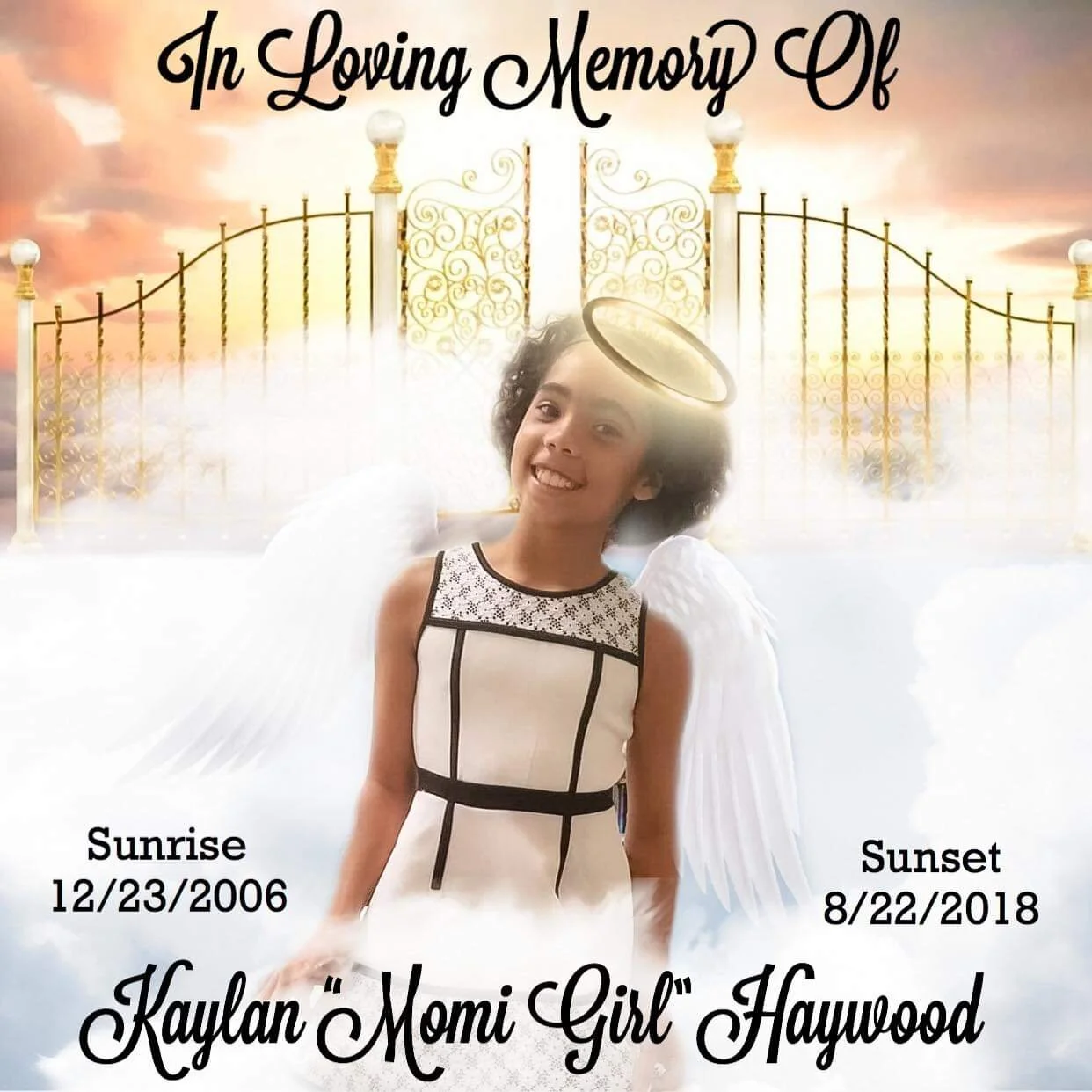 A memorial tribute image featuring a young girl dressed as an angel with white wings, a halo, and a white dress with black accents. The background depicts a golden gate with a sunset sky. The text reads: 'In Loving Memory Of', with her birth date, De