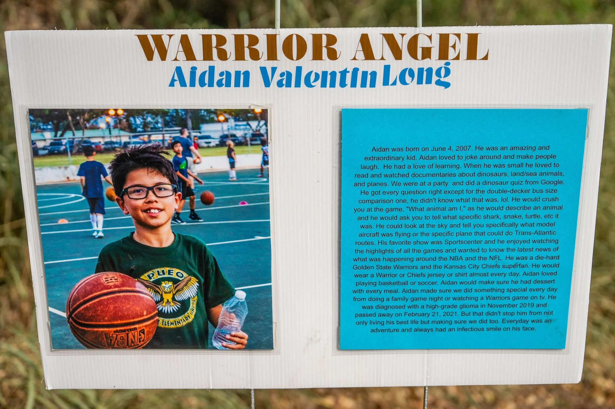 Signboard dedicated to Aidan Valentine Long, titled "Warrior Angel," featuring a photograph of a young boy with glasses, wearing a green t-shirt with a yellow and blue eagle logo, holding a basketball and a water bottle on a sports court, with other 
