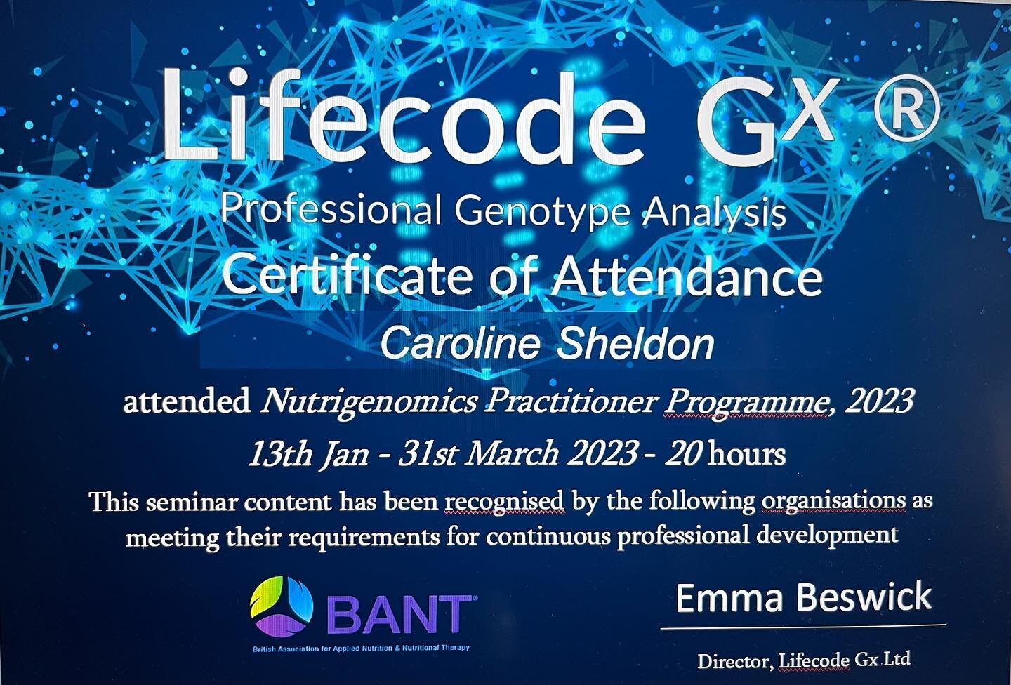 I am delighted to report that I am now a certified Lifecode Gx Nutrigenomics Practitioner. 

I use @lifecodegx's genetic panels in complex cases as they provide detailed insights into the underlying causes of my clients&rsquo; symptoms which we canno