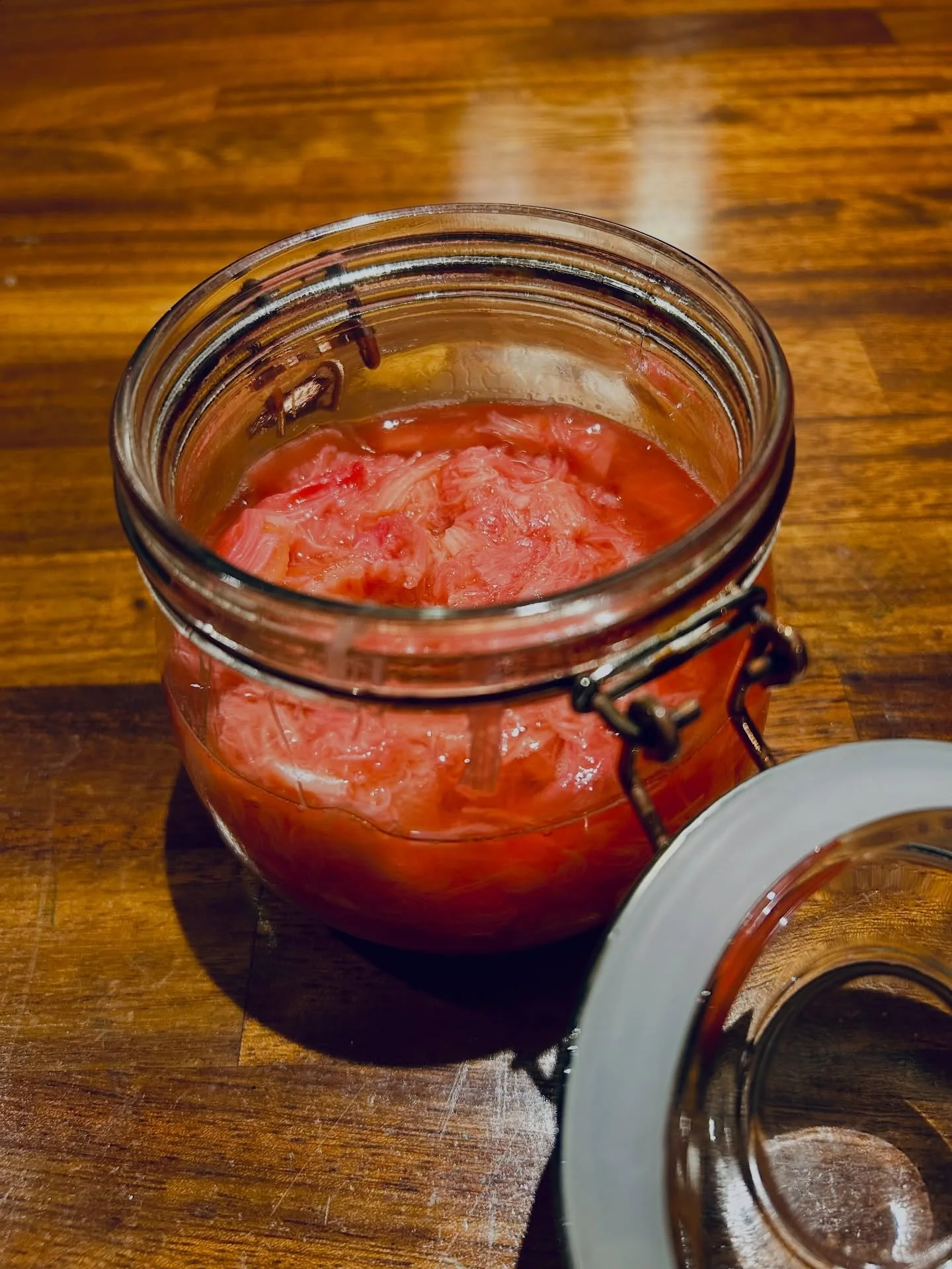 I was so excited for breakfast this morning.

I spotted some forced rhubarb at the supermarket yesterday and made a very simple compote last night whilst I was hanging about in the kitchen preparing supper.

I had 3 stalks of rhubarb and a thumb size