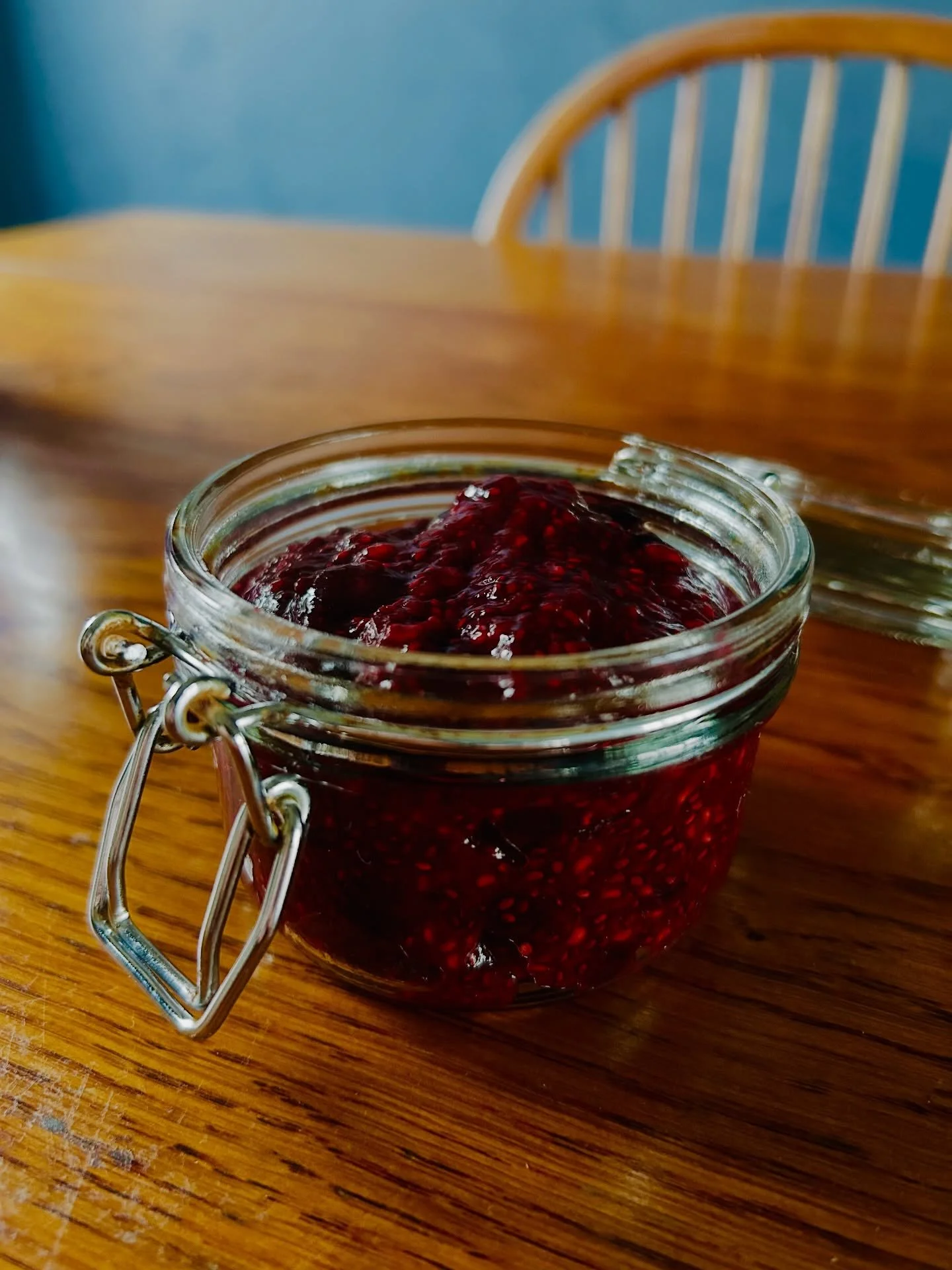 If you agree that chia seeds are nutrient dense superstars, but they are too slimy for you in a breakfast pot, try this berry chia jam.

It is the work of a moment:

- I gently heated through a cup of frozen blueberries and a few fresh raspberries,
-