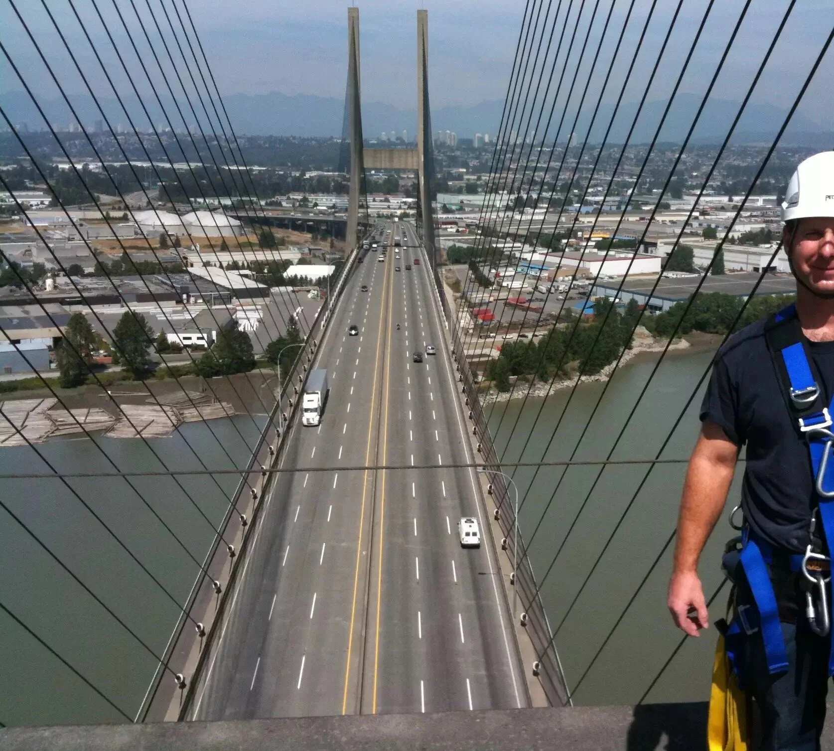 Getting ready with my repelling partner on the Alex Fraser bridge