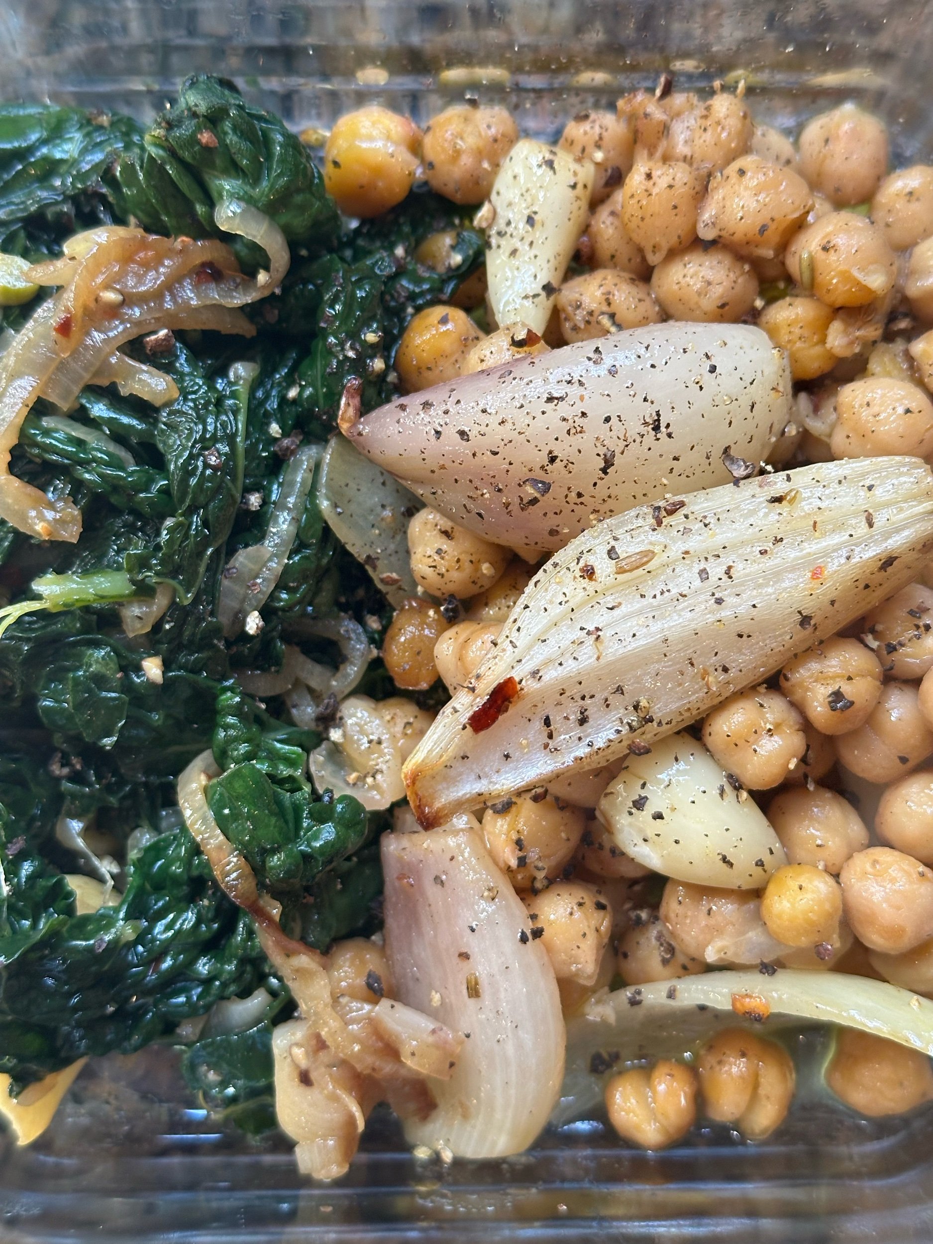 Roasted Chickpeas, Shallots and Garlic (and Sautéed Hearty Greens)