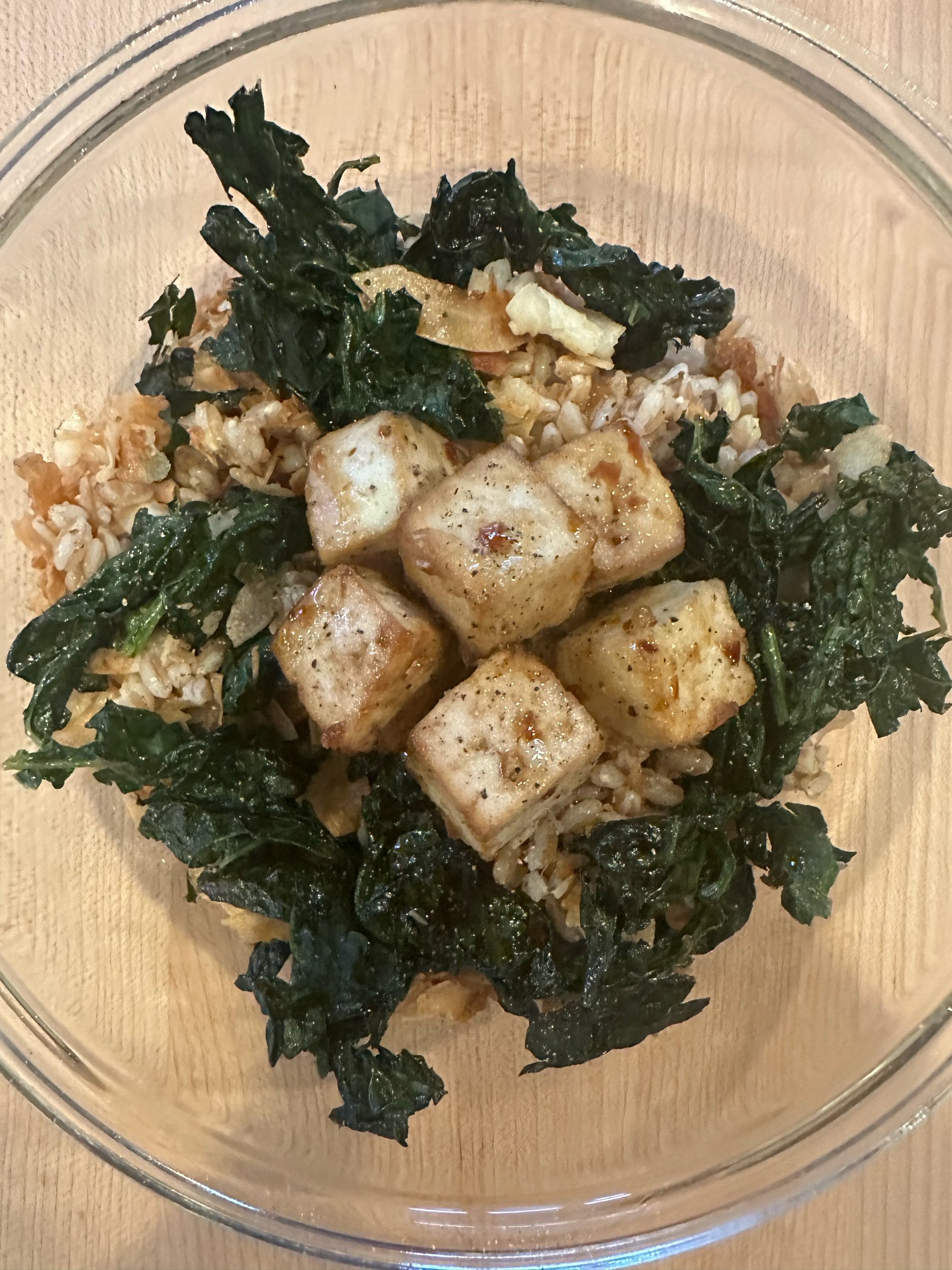 Kale Salad with Toasted Coconut and Sesame Oil with Baked Tofu