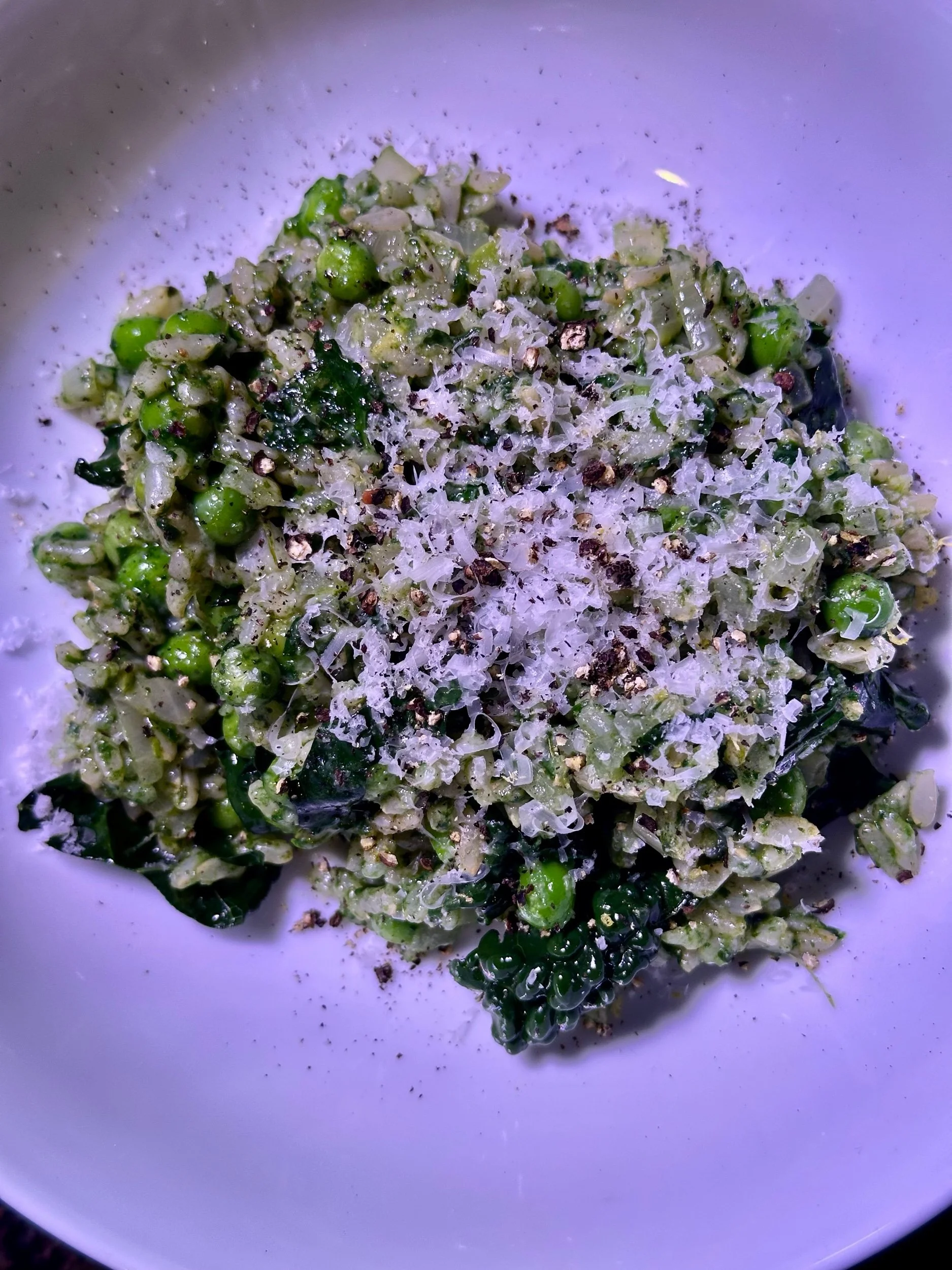 Lemon Pecorino Brown Rice with Greens and Peas 