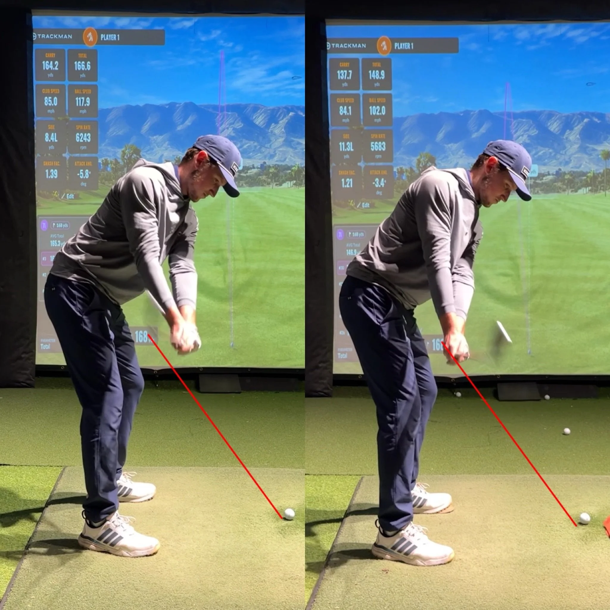 In the effort to hunt down a &lsquo;laid off look&rsquo; Elliot had ended up getting the shaft super flat and losing control of the face / hand path and shaft plane on the way down hitting Wipey cuts or big pulls when trying to reorganise the face. 
