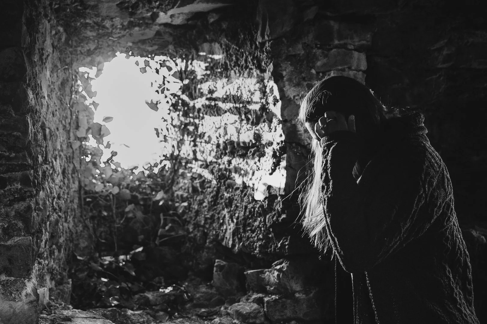 Carrigogunnel castle photo session Ireland Marie O'Mahony photography woman tucking hair behind ear