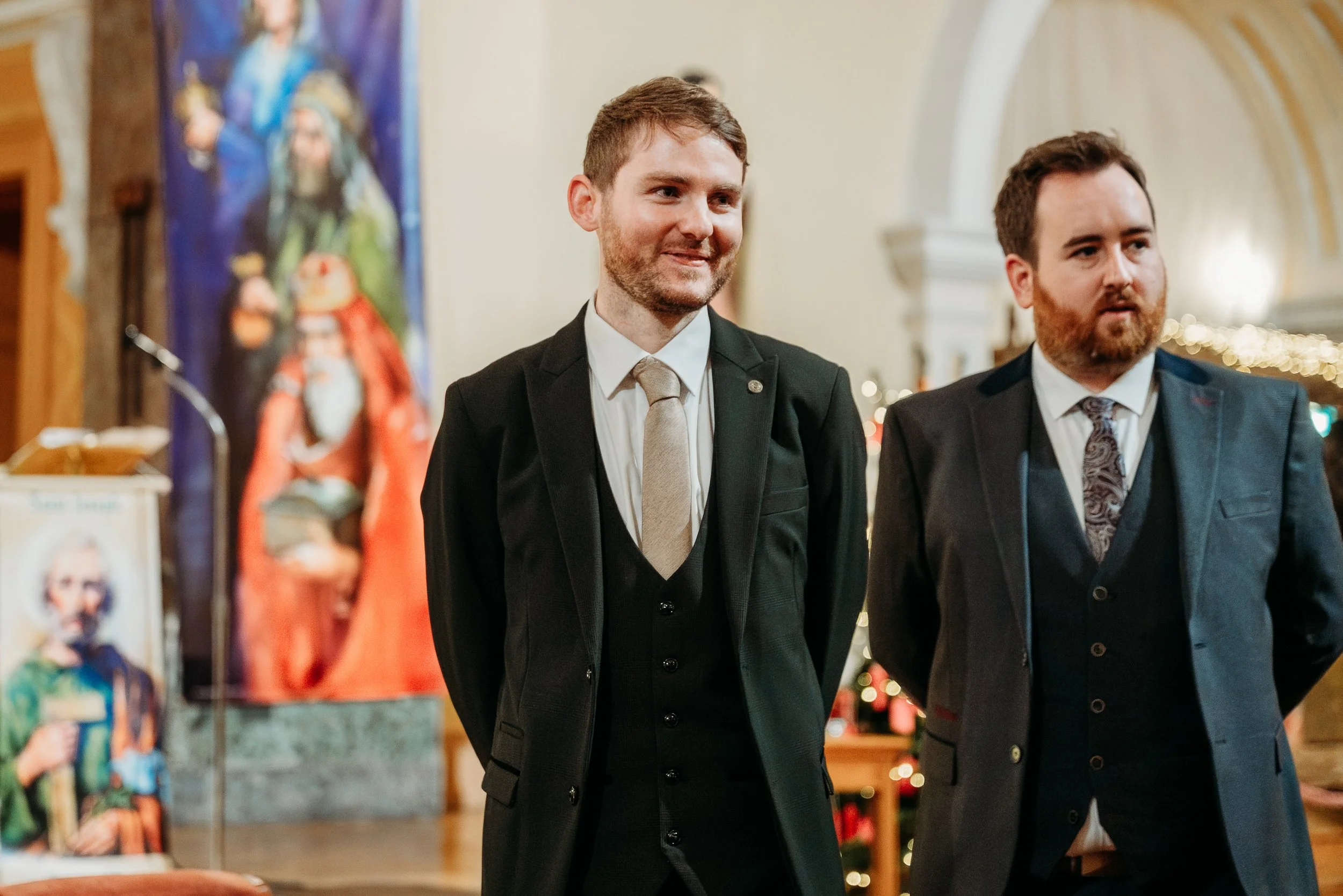 Wedding photo St Joseph's church Limerick city groom and best man waiting