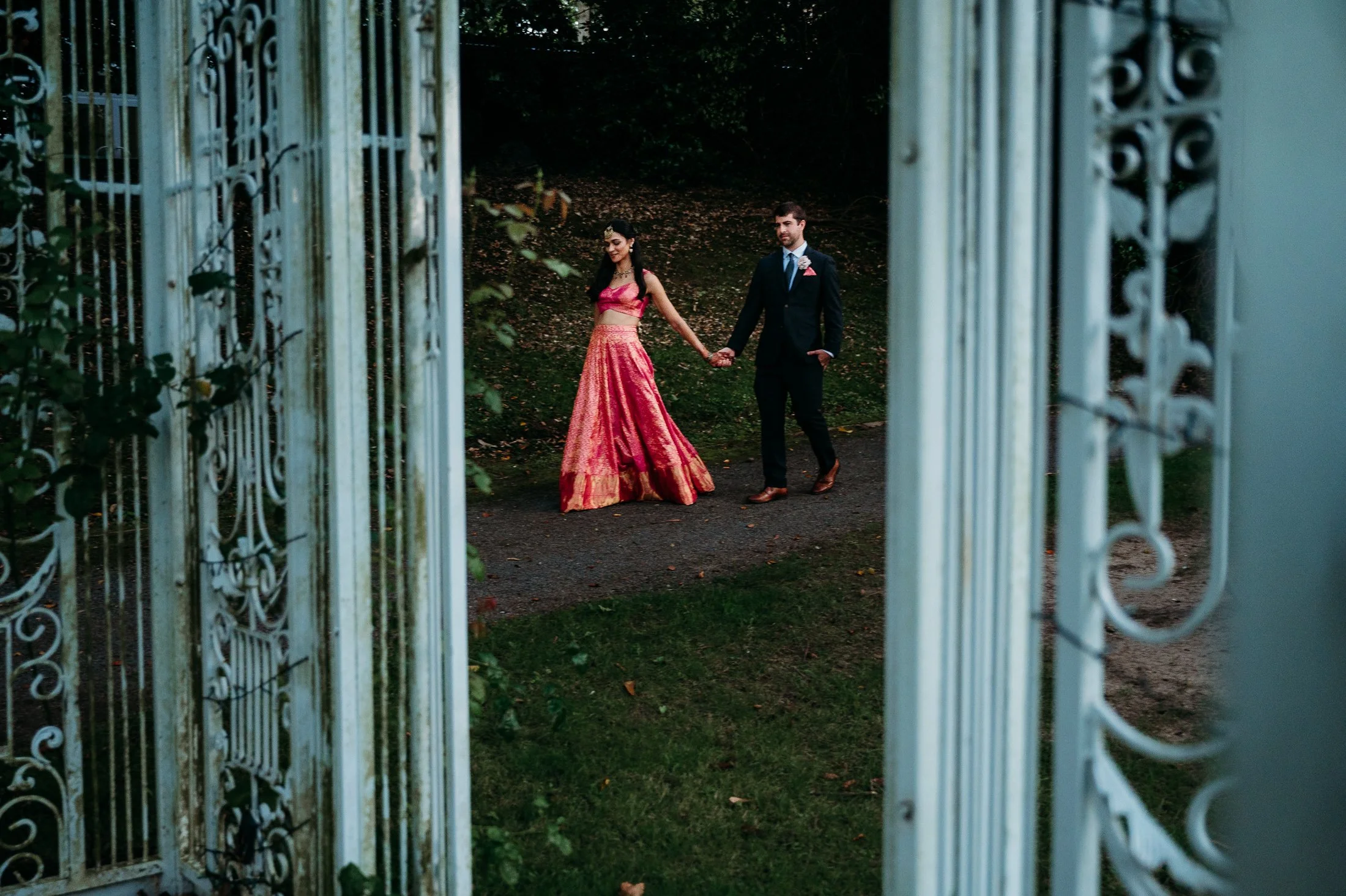 Indian bride and groom walking at Bellinter House, Co Cavan Dublin wedding photographer Marie O'Mahony intimate wedding photos