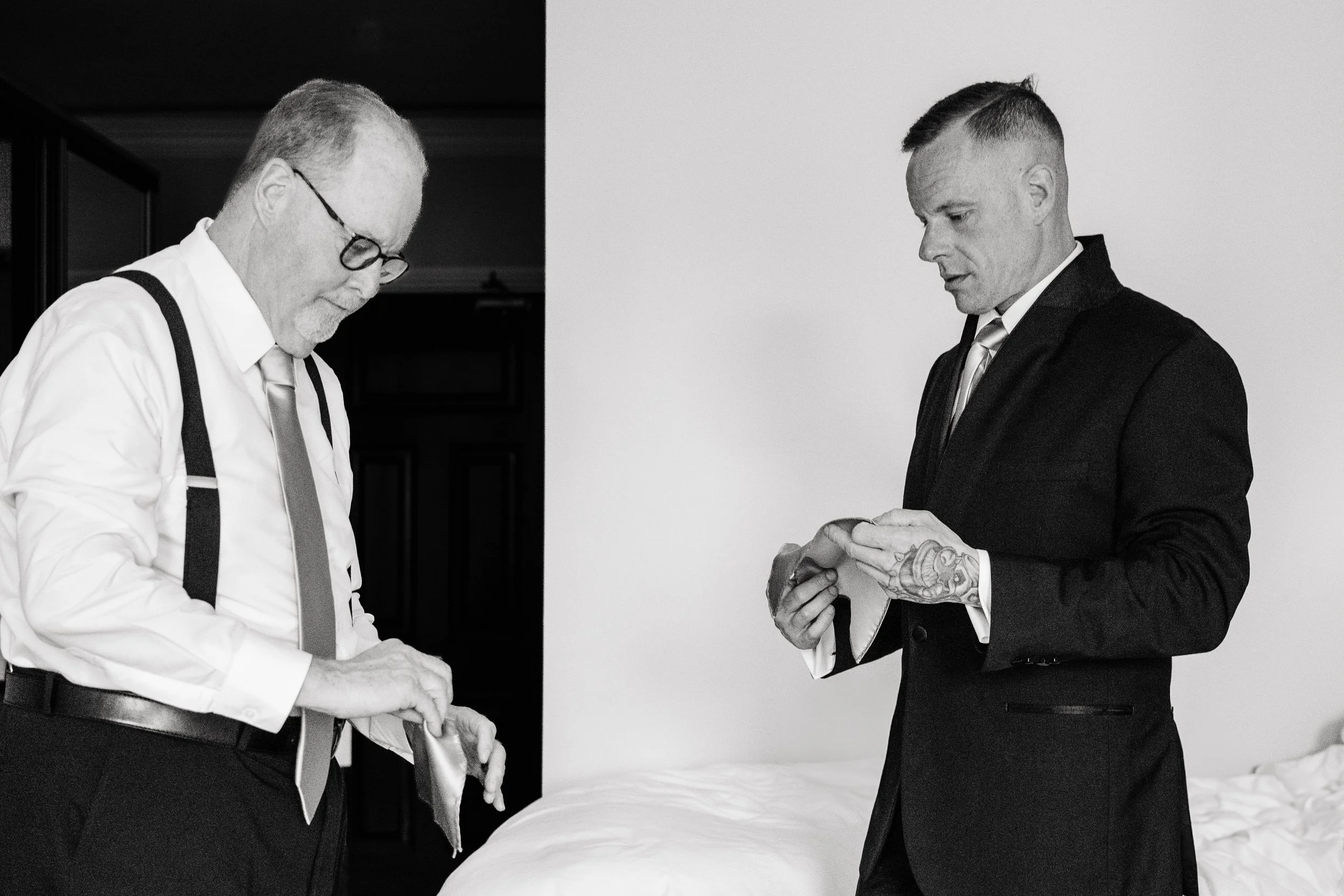 wedding morning prep guys getting ready black and white candid photo Woodlands Hotel Adare wedding Limerick photographer