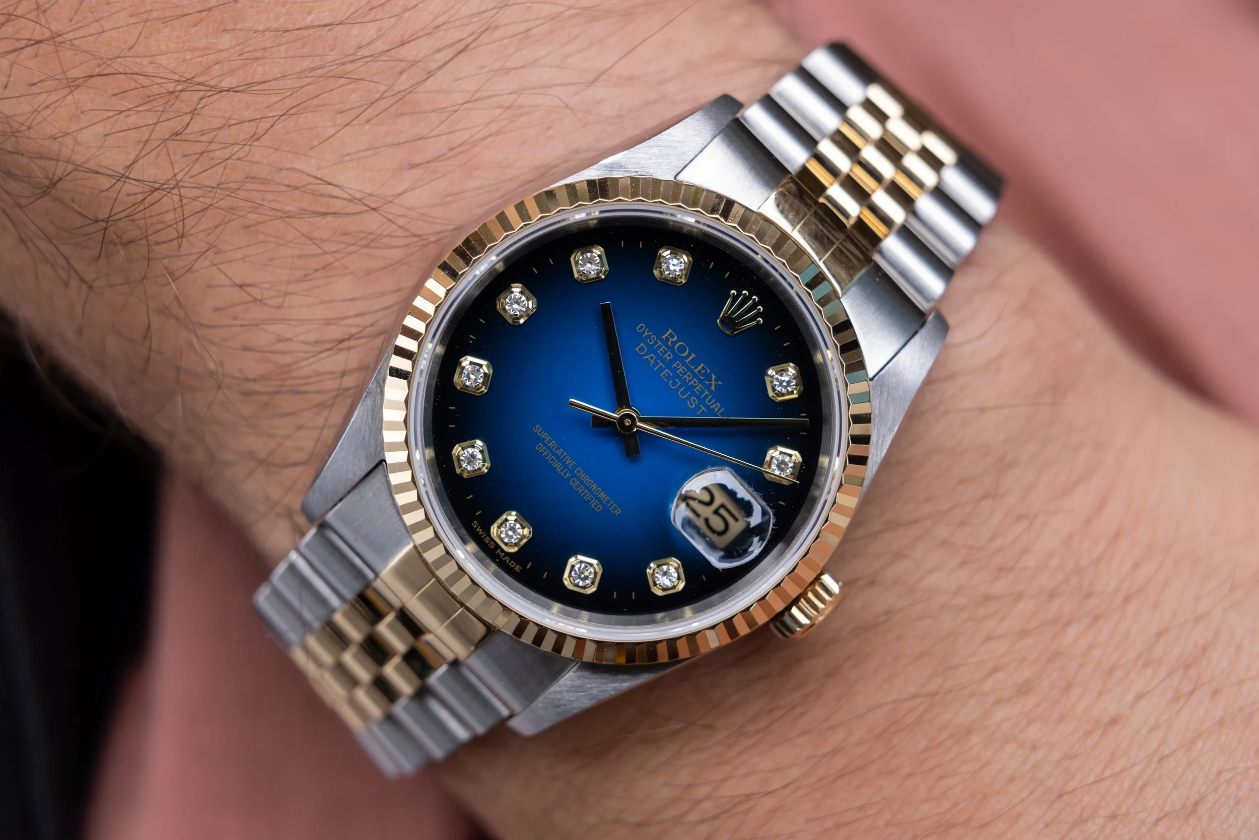 2000 Rolex Datejust Ref. 16233 | Blue Vignette Big Diamond Dial | Box and Papers