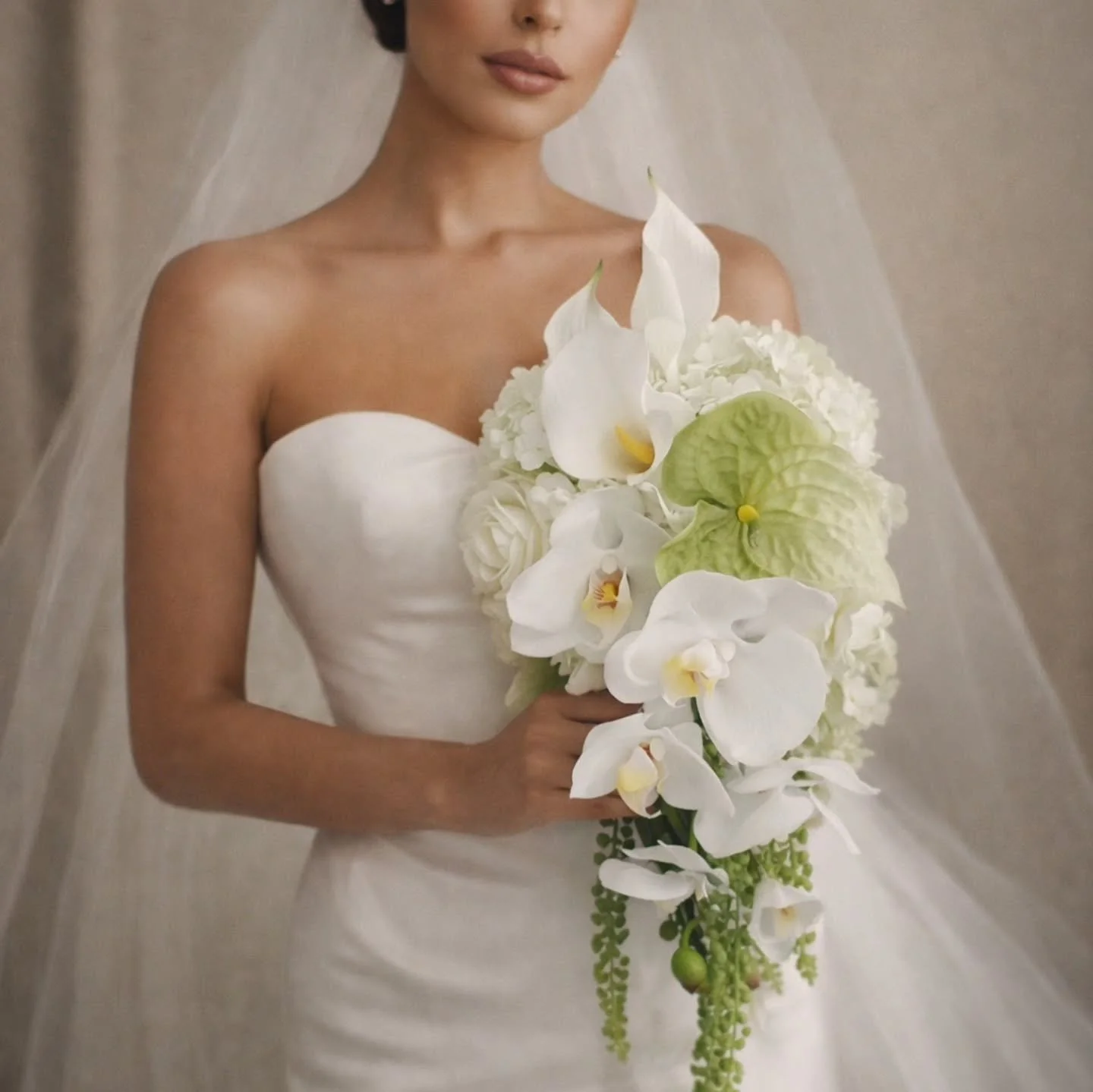White elegance with a modern twist.
Anthurium, orchids and soft cascading greenery come together to create a sculptural bridal bouquet that feels timeless yet contemporary. 🤍

Perfect for the bride who loves understated luxury.
#bridalbouquet #moder