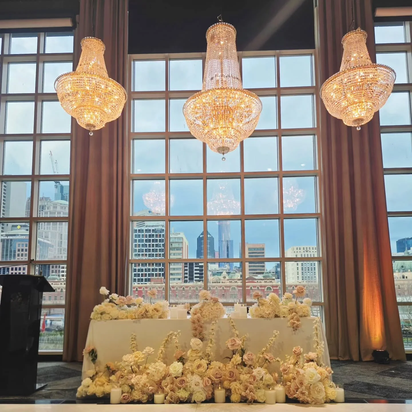 Romantic elegance with a view ✨
Soft ivory and blush florals, glowing chandeliers and a personalised dance floor, beautifully framed by Melbourne&rsquo;s city skyline. 🤍🌸
A|S