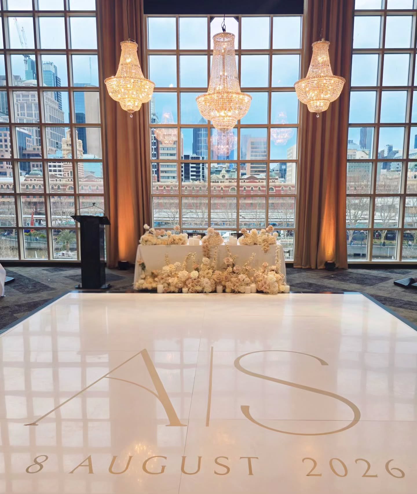 Romantic elegance with a view ✨
Soft ivory and blush florals, glowing chandeliers and a personalised dance floor, beautifully framed by Melbourne&rsquo;s city skyline. 🤍🌸
A|S