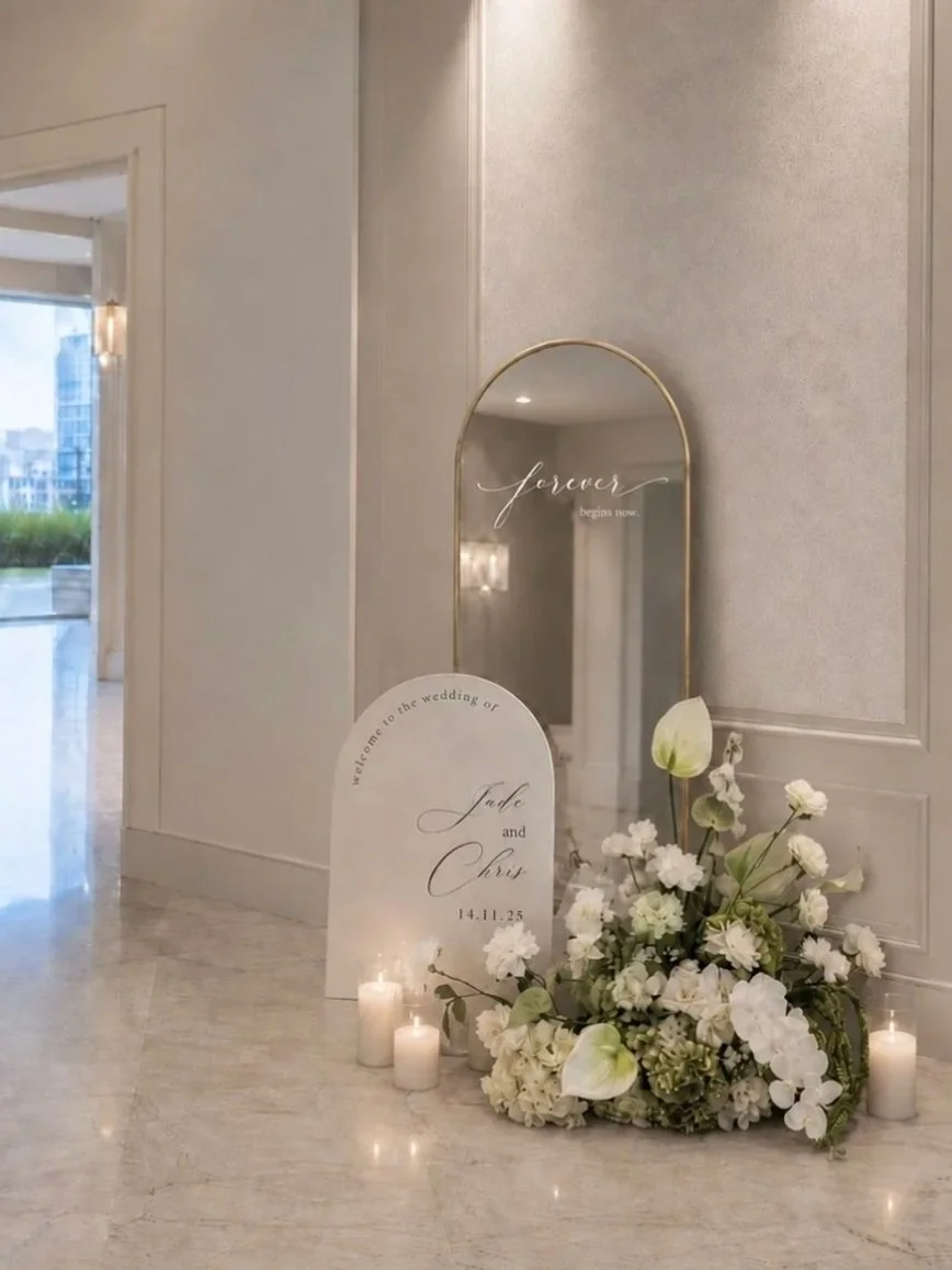 1.65mH gold arch mirror with A1 welcome sign