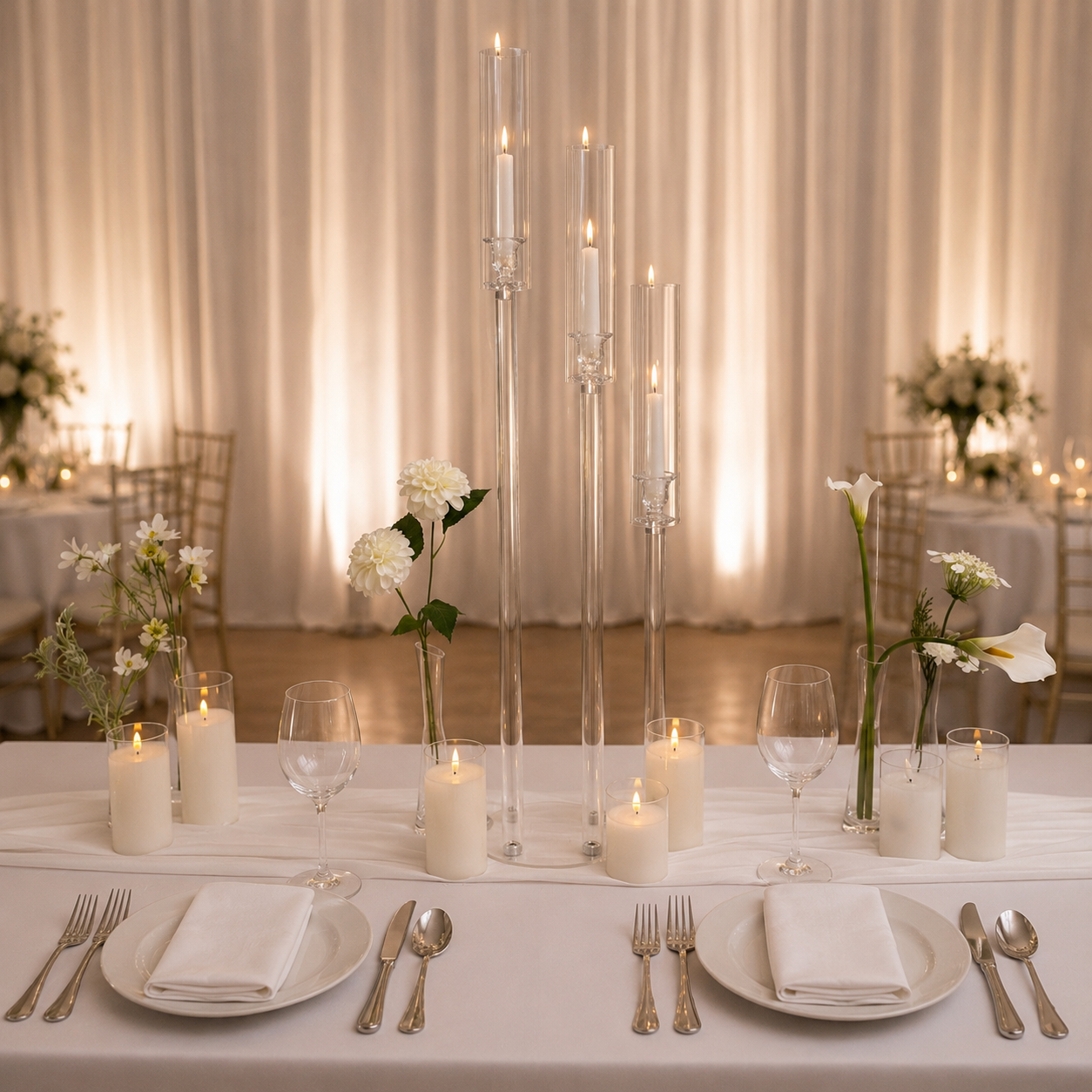 Clear candelabra with bud vases