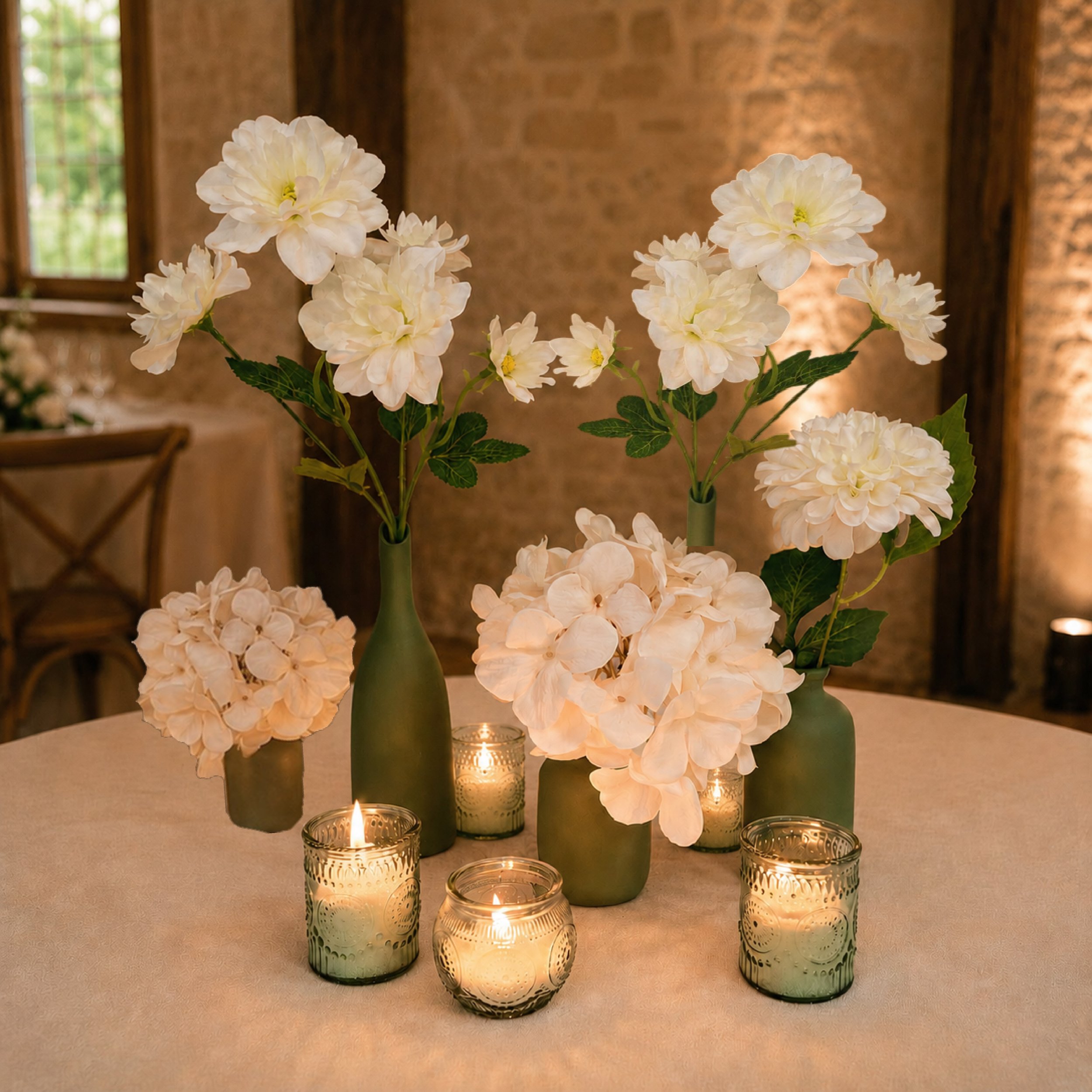 Green Bud vases and candles set