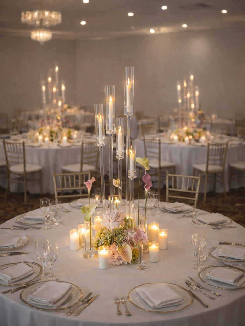 Lush clear candelabra set (Custom flowers)
