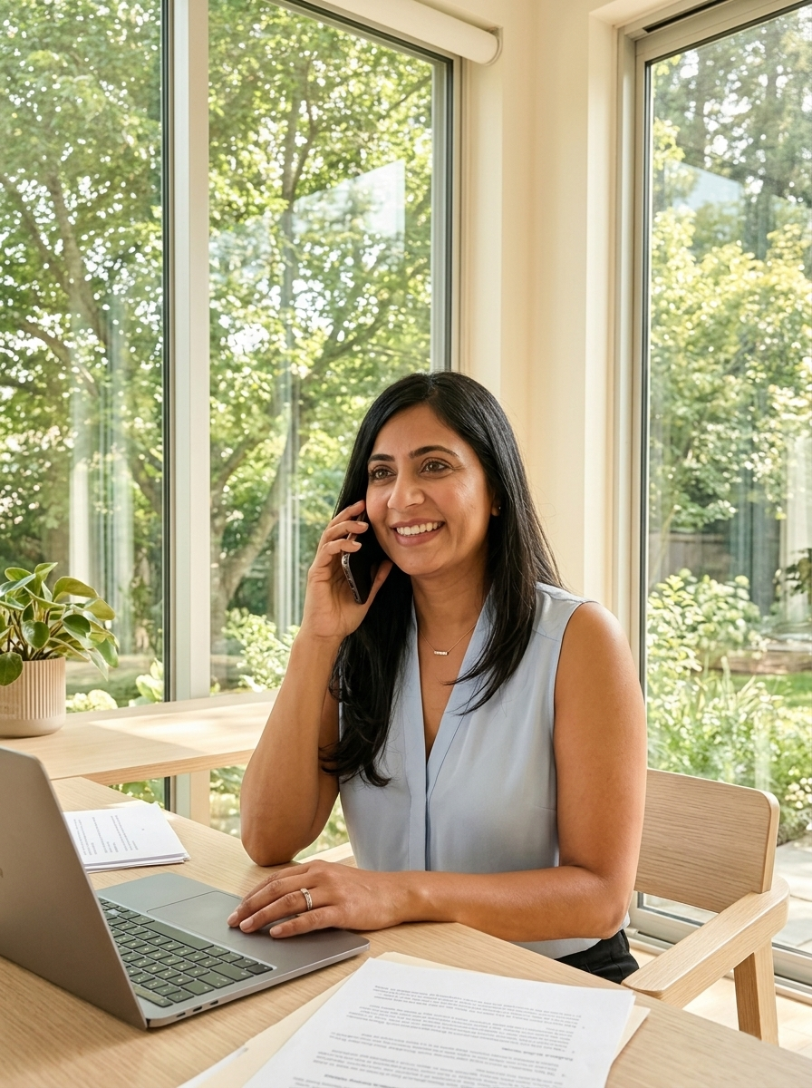 Women talking on the phone while sitting at her desk.