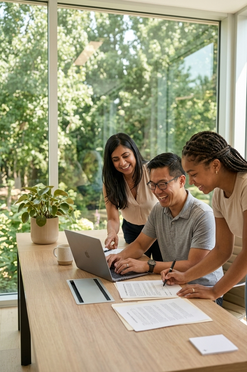 Three people smiling as they work together at a desk.