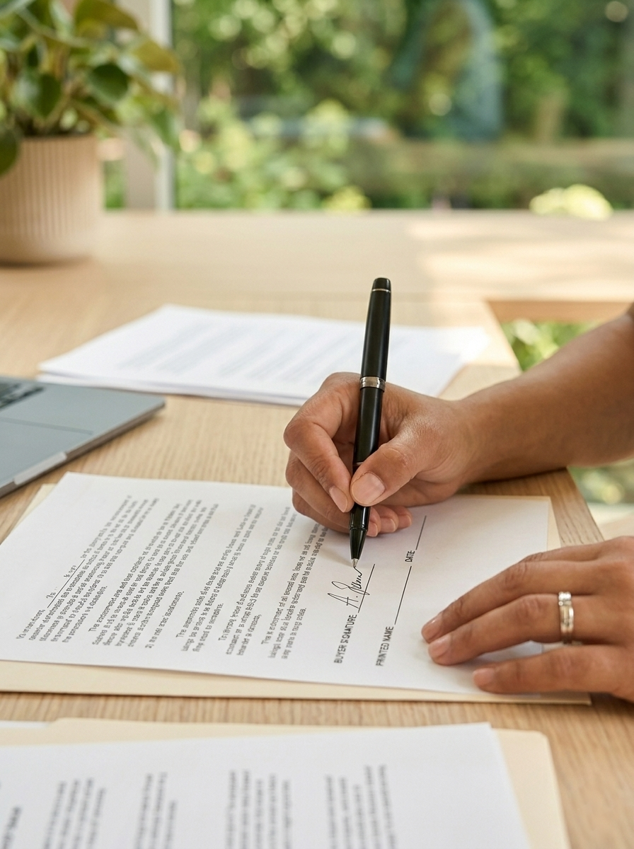 Someone with a pen in their hand about to sign a contract resting on a wooden desk.