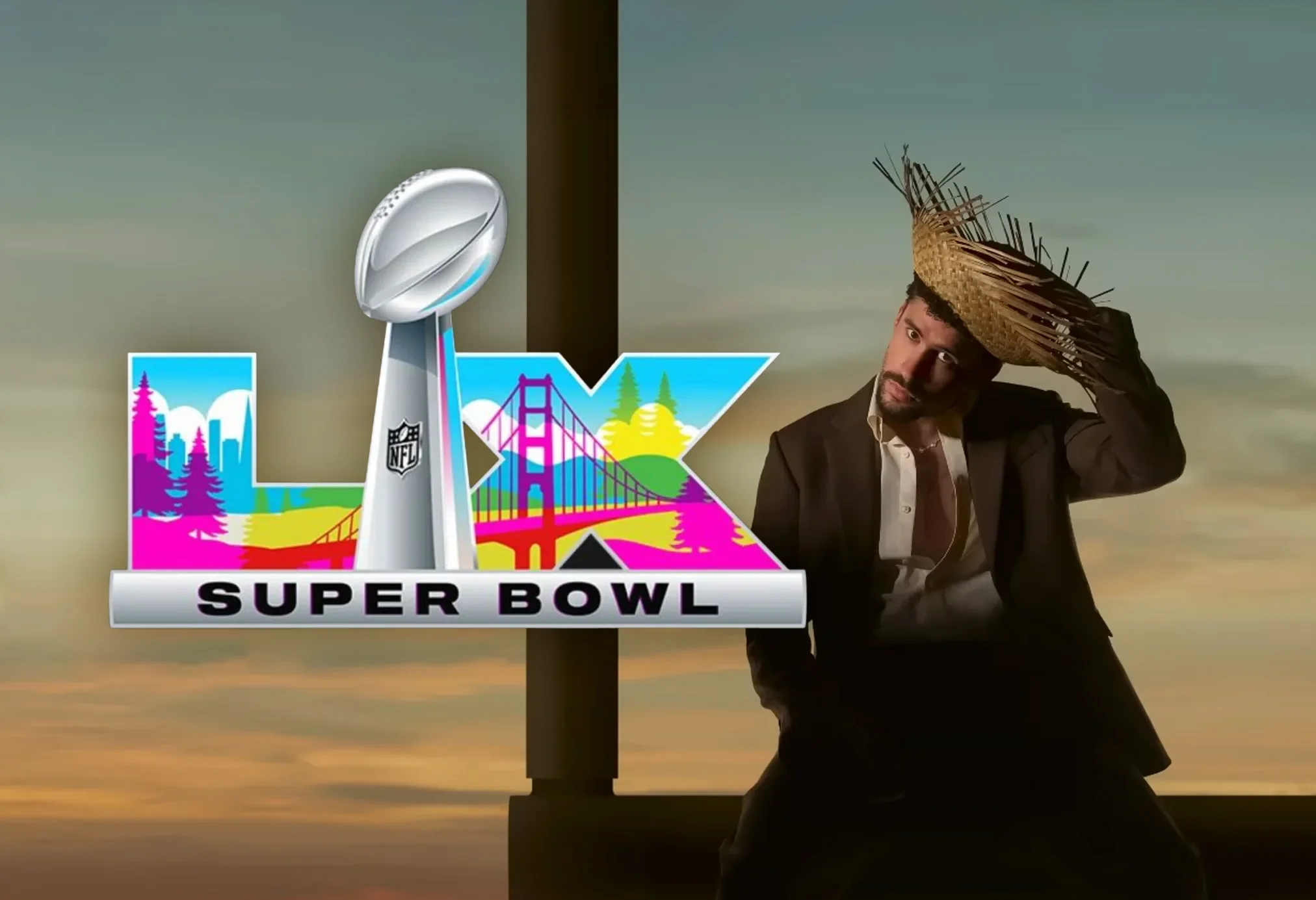 A man wearing a traditional straw hat standing next to a Super Bowl LV logo with the NFL trophy, with a sunset background.