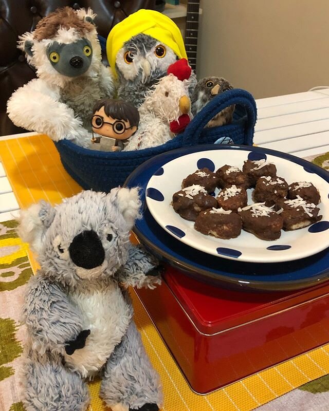 Hello friends. It&rsquo;s #honeygroveteapartytuesday and I brought these homemade Bounty Bars! 🐨😍🥥
.
Here are the ingredients: 
1 cup unsweetened shredded coconut
3 1/2 tbsp pure maple syrup, honey, or agave
2 tbsp virgin coconut oil
1/2 tsp pure 