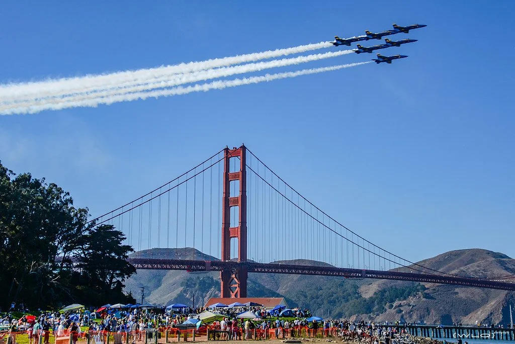Blue Angels passing under the Golden Gate Bridge during Fleet Week, seen from Crissy Field