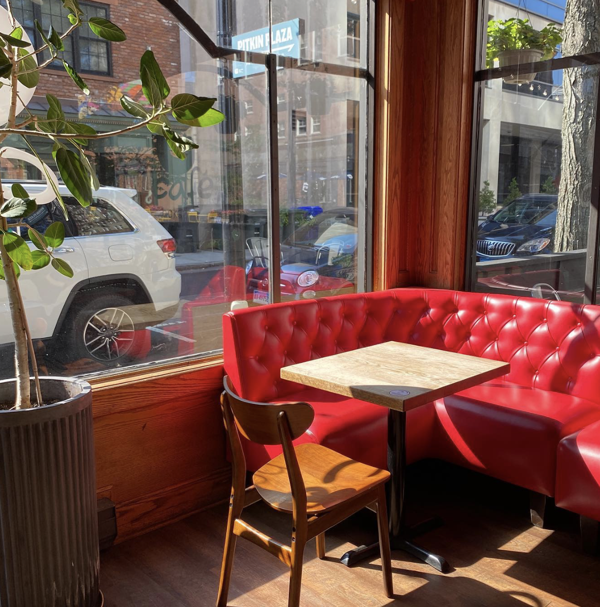 Sunny window seating at G Café Bakery in New Haven's Ninth Square