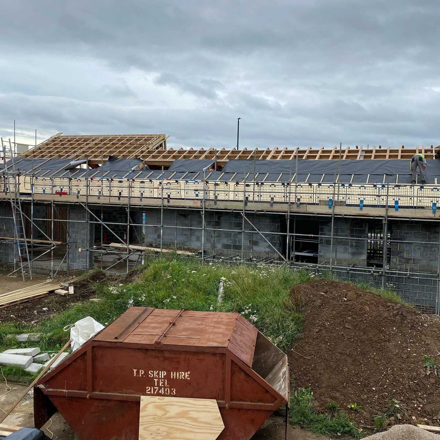 Over the last few days, the roof has had felt and plywood put on it, which sit underneath the final roof covering. The sky lights have also been covered to keep it watertight for the time being. A plastic covering will cover the roof until the metal
