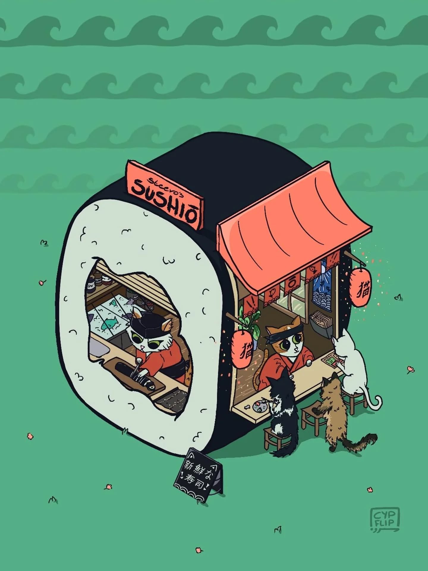 You'll find the best sushi rolls right here at Steevo's Sushio! With his brother Caramel, Steevo crafts the most delicious sushi in town. This shop attracts kitties from all over and is always fully booked! Depicted is Steevo (slide 2) at the front d