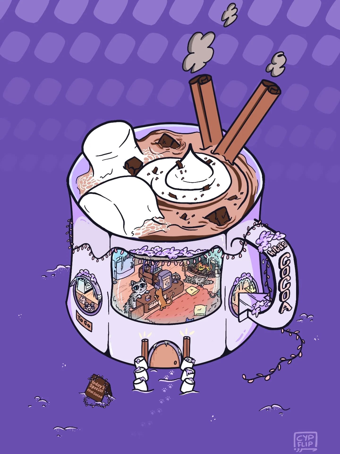 Come inside Kita's Cocoa shop for a cozy cup of hot chocolate! Enjoy artisinal Cocoa around the fireplace inside (although some rude guy already took the best spot). The kitty who inspired this one is Kokita, my very own silly girl.
If your pet owne