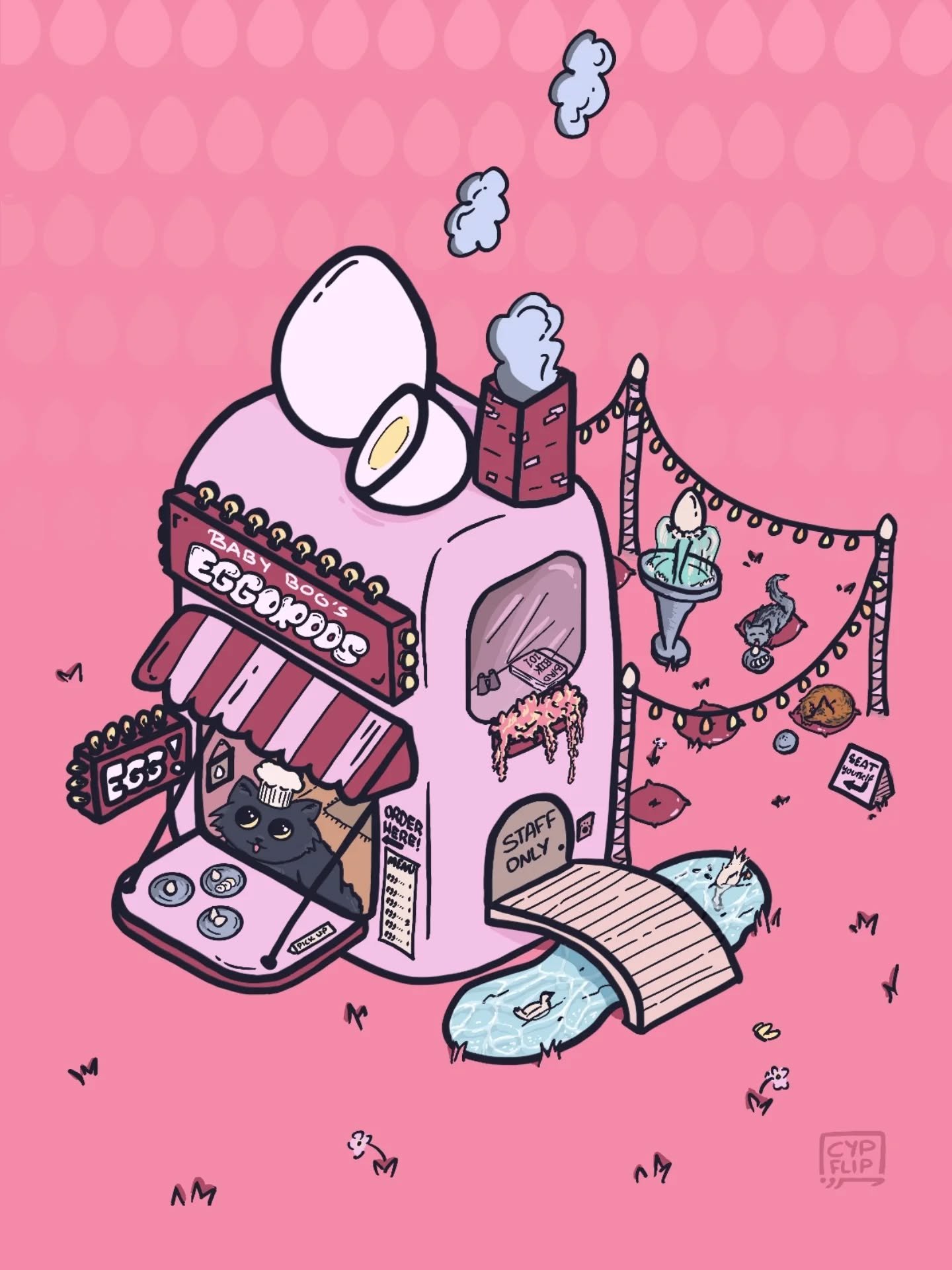 Welcome to Baby Boo's Eggoroos! You will find a long menu of boiled eggs at his shop and an outdoor seating area with nap pillows. Baby Boo makes the best boiled eggs in town!
If your pet owned a shop, what would it be?
This piece is a part of a