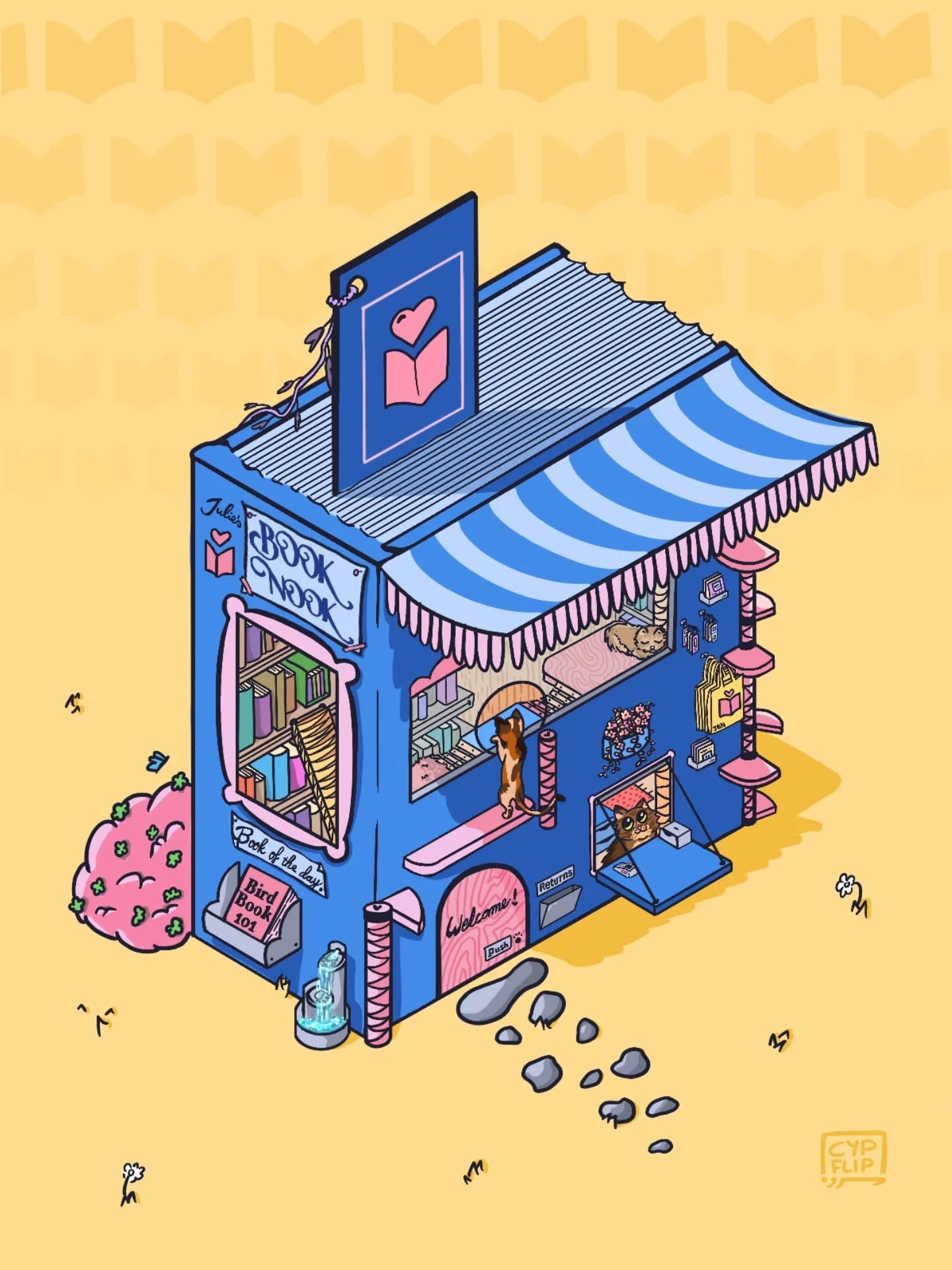 Step into Julie's Book Nook! This charming cat book store has shelves of books reaching the ceiling and cozy nap spots for sleepy kitties. Julie also happens to sell her own merch at the check out window!
This piece is a part of a series titled &qu