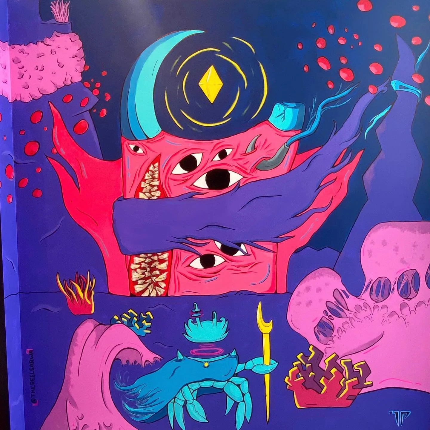 &quot;The See&quot;
[Mural Painting]
This piece aims to emulate the eerie feeling of being watched and judged by a toxic society. The mutated creature in the center represents said society with its wide eyes observing your every move. Above it, there